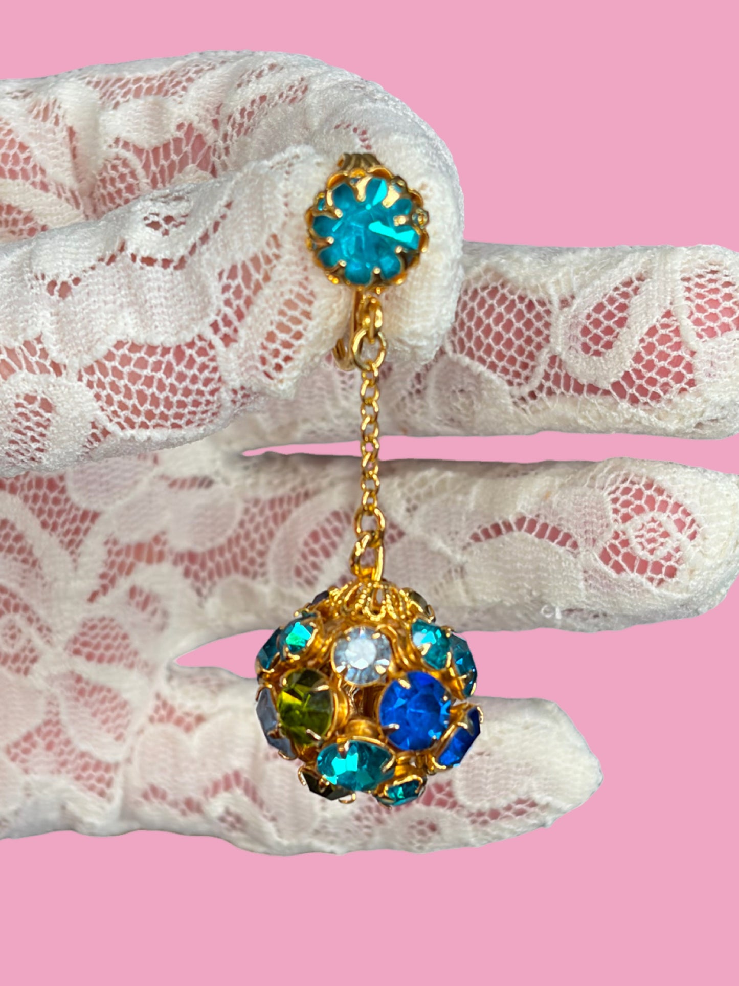 1960s Dazzling Blue/Green Rhinestone Dangle Gold Tone Clip Earrings