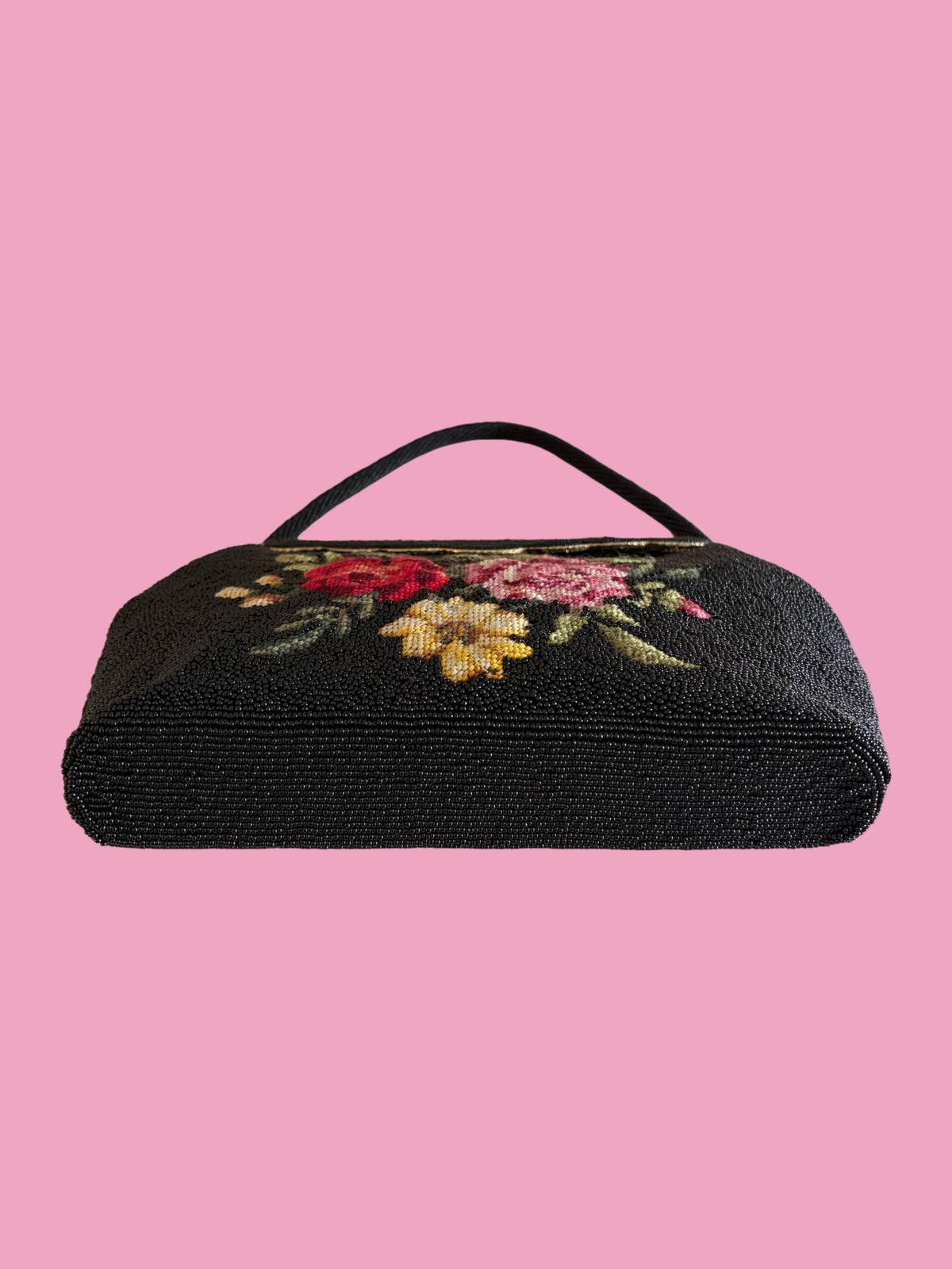 1950s Vintage Mid Century Black Seed Bead Rose Needlepoint Handbag