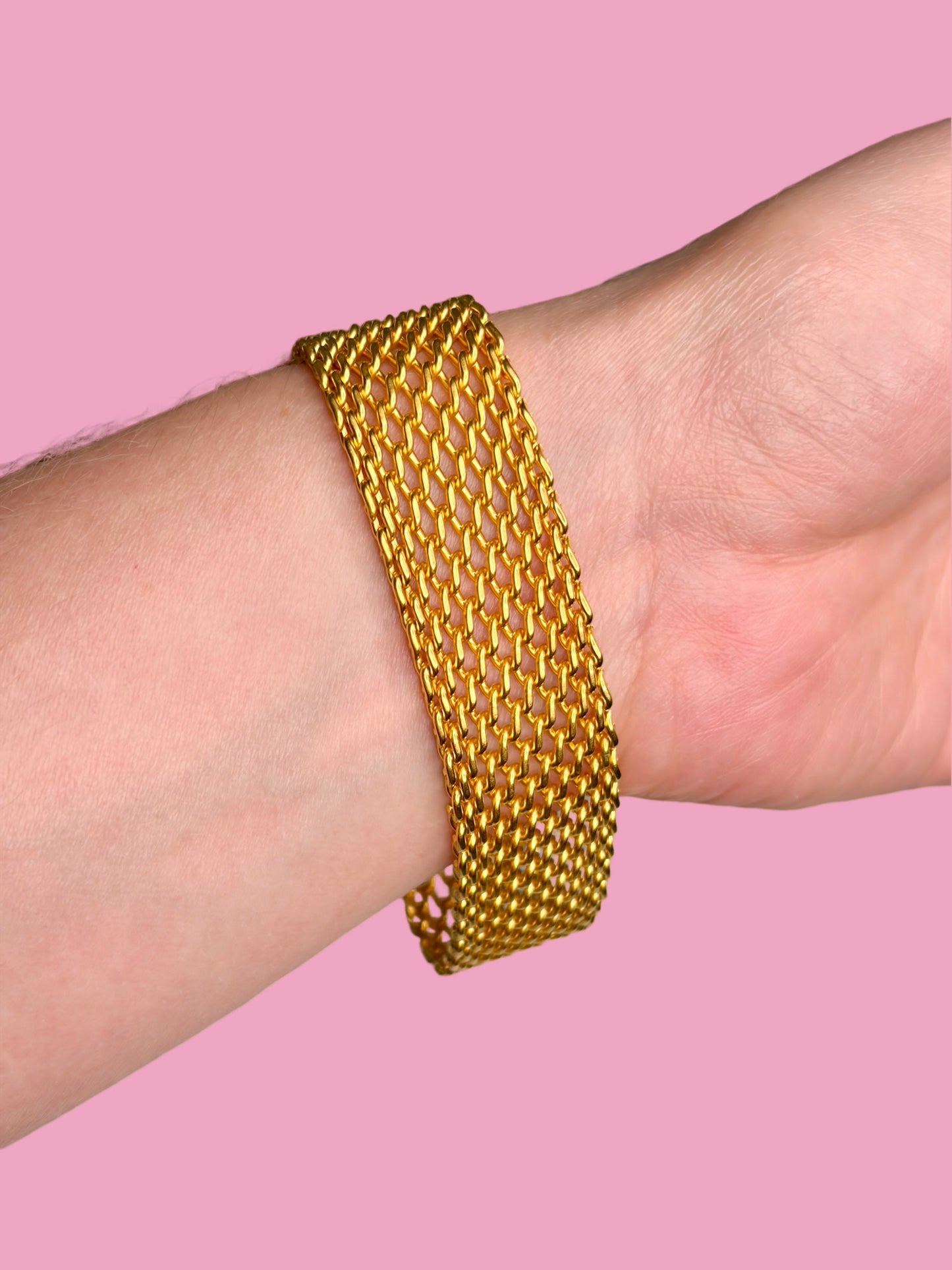 1980s Signed JBK USA Gold Tone Mesh Bracelet w/ Jeweled Clasp