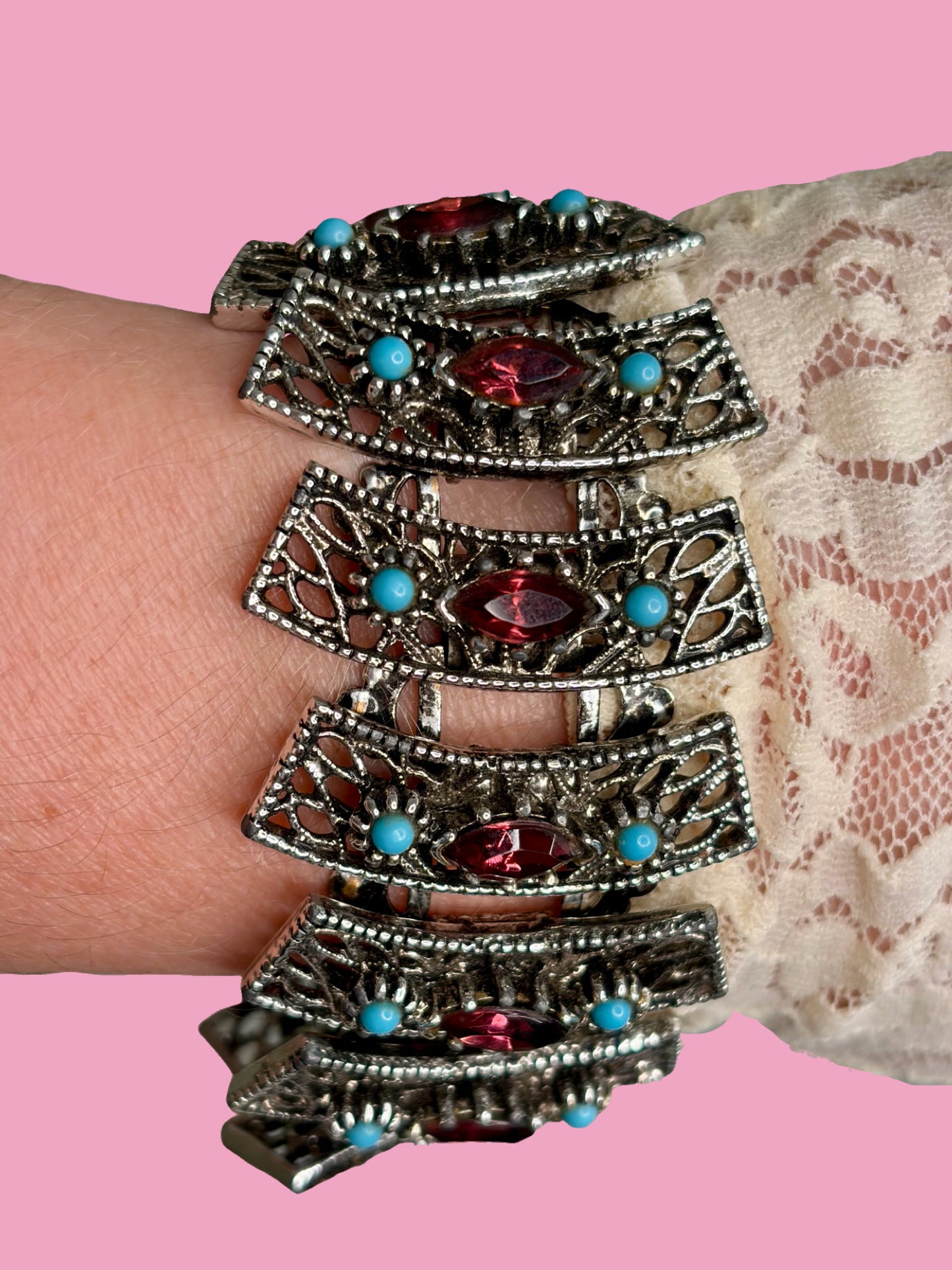 Dazzling 1960s Mid Century Chunky Silver Tone Panel Bracelet w/ Purple Rhinestones & Faux Turquoise