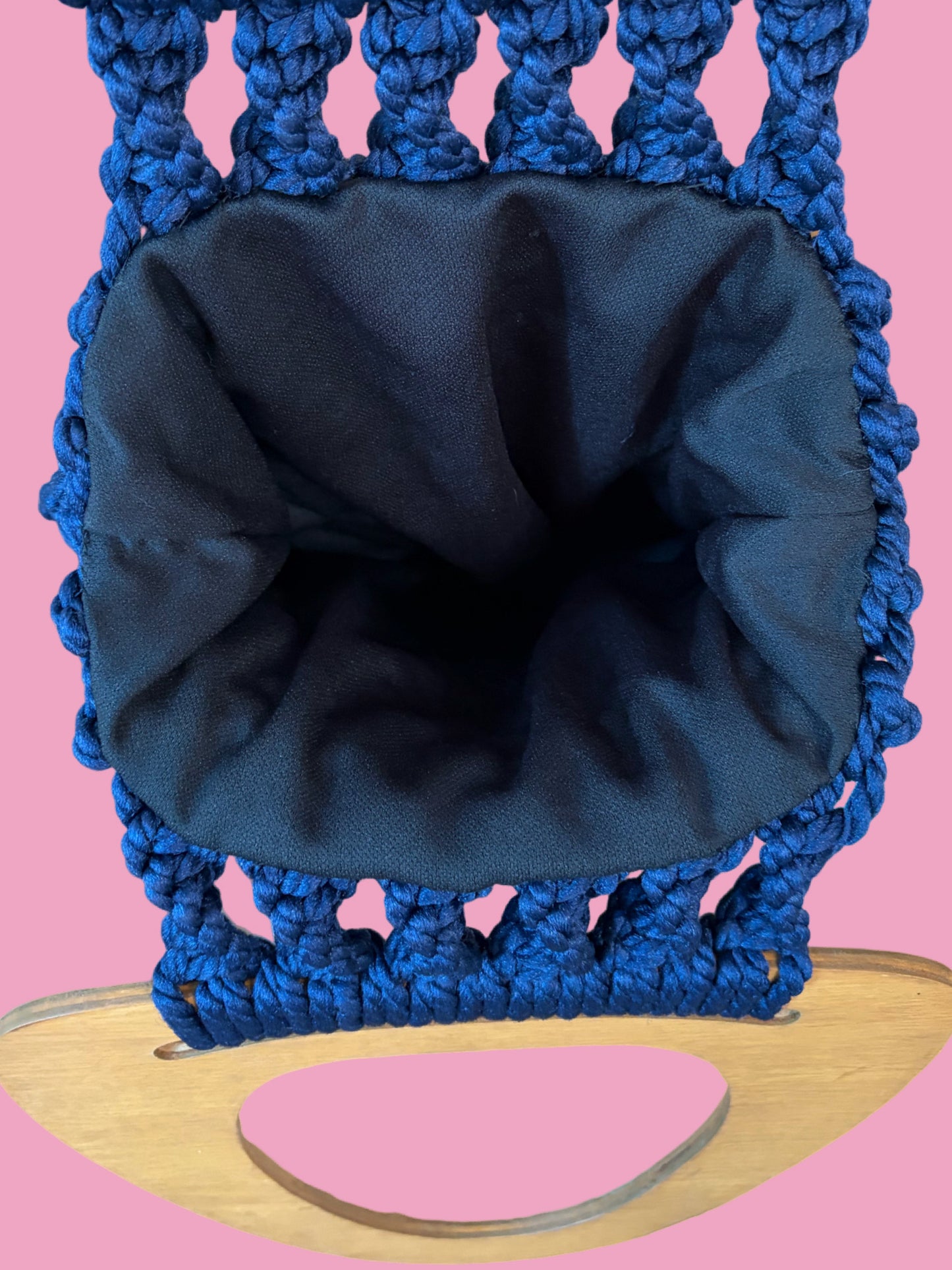 1970s Navy Blue Macrame Handbag w/ Wooden Handles