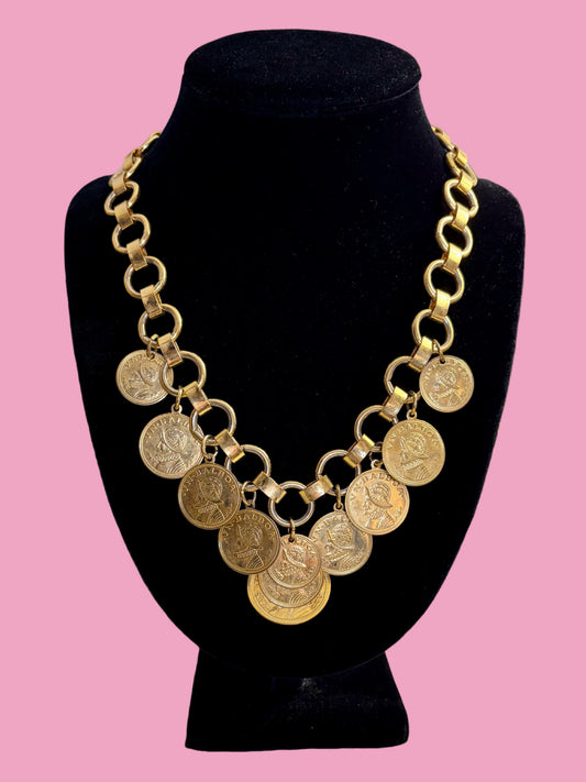 1980s Vintage VN Balboa Gold Tone Coin Necklace