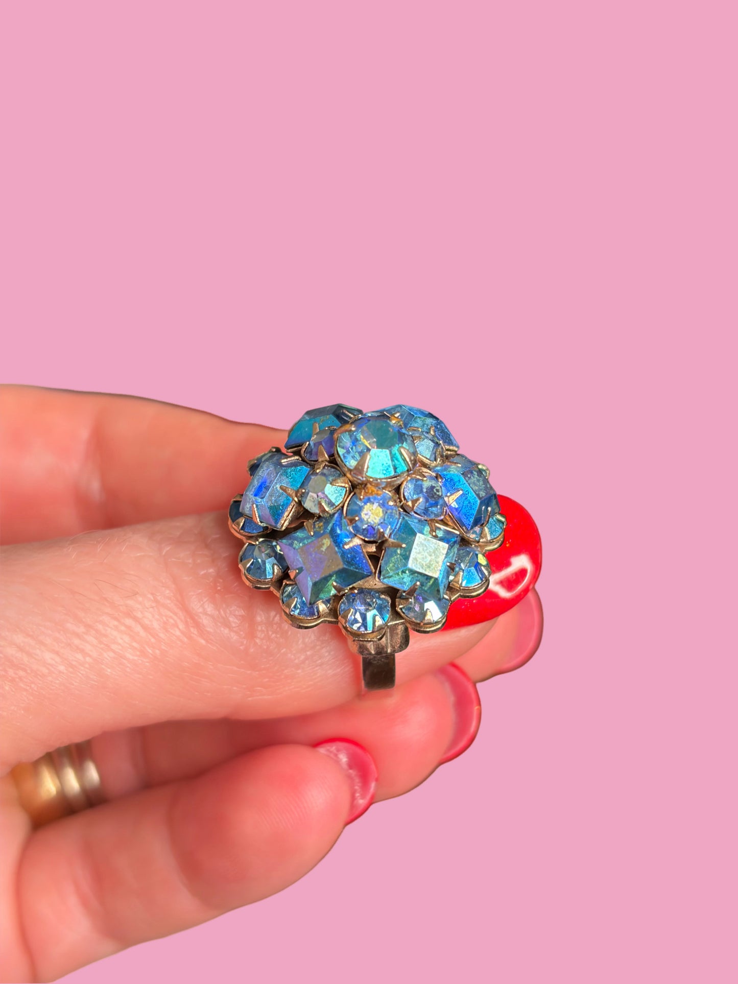 1960s Cluster Blue Rhinestone Cocktail Ring