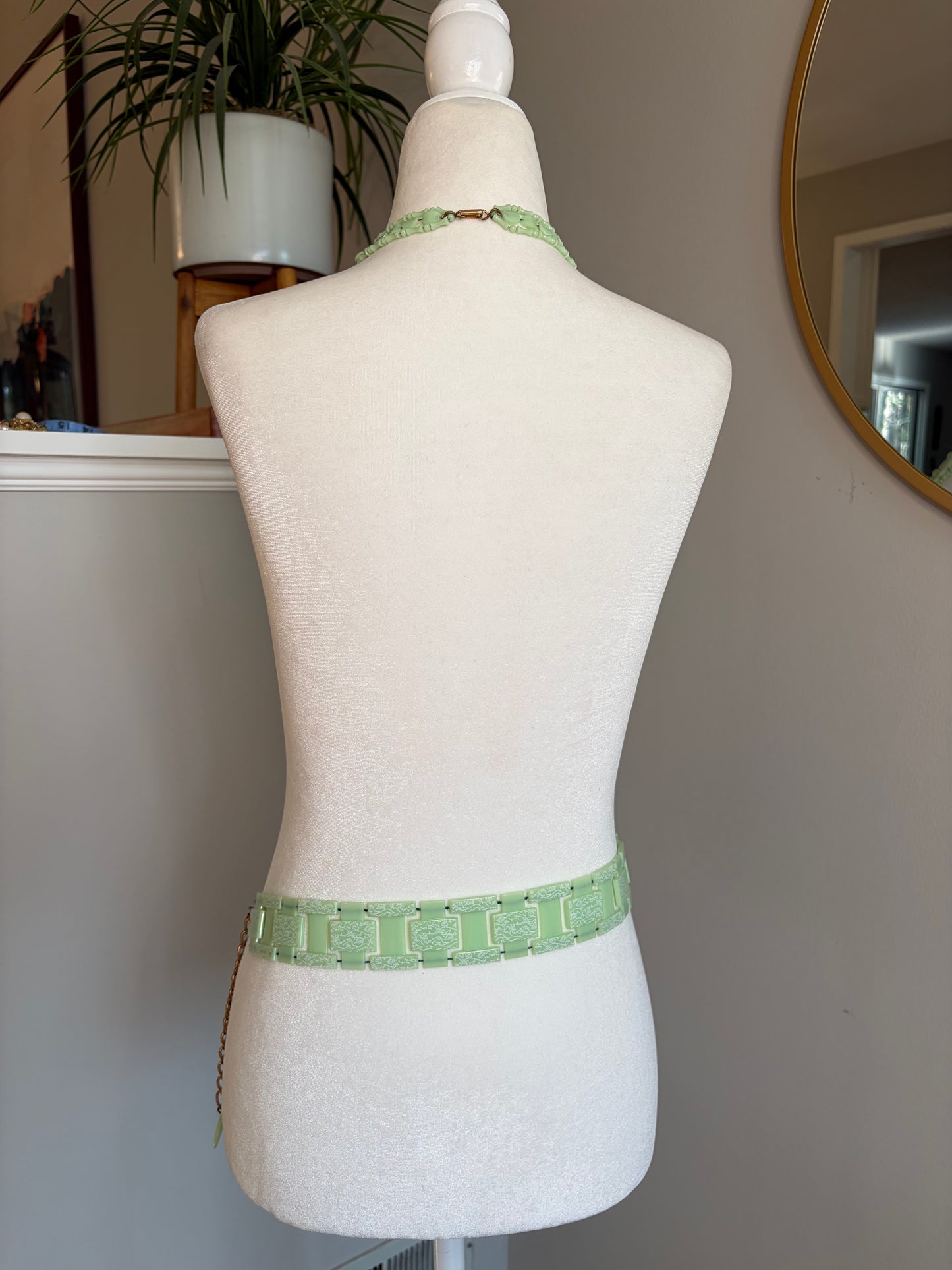 1960s MOD Matching Light Green Acrylic Necklace & Link/Chain Belt Set