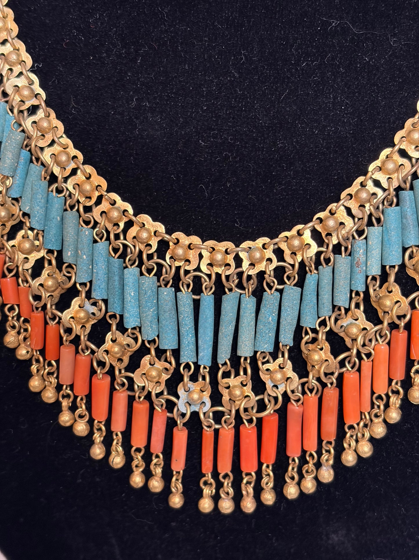 1930s Egyptian Revival Brass Coral & Faience Bead Bib Necklace