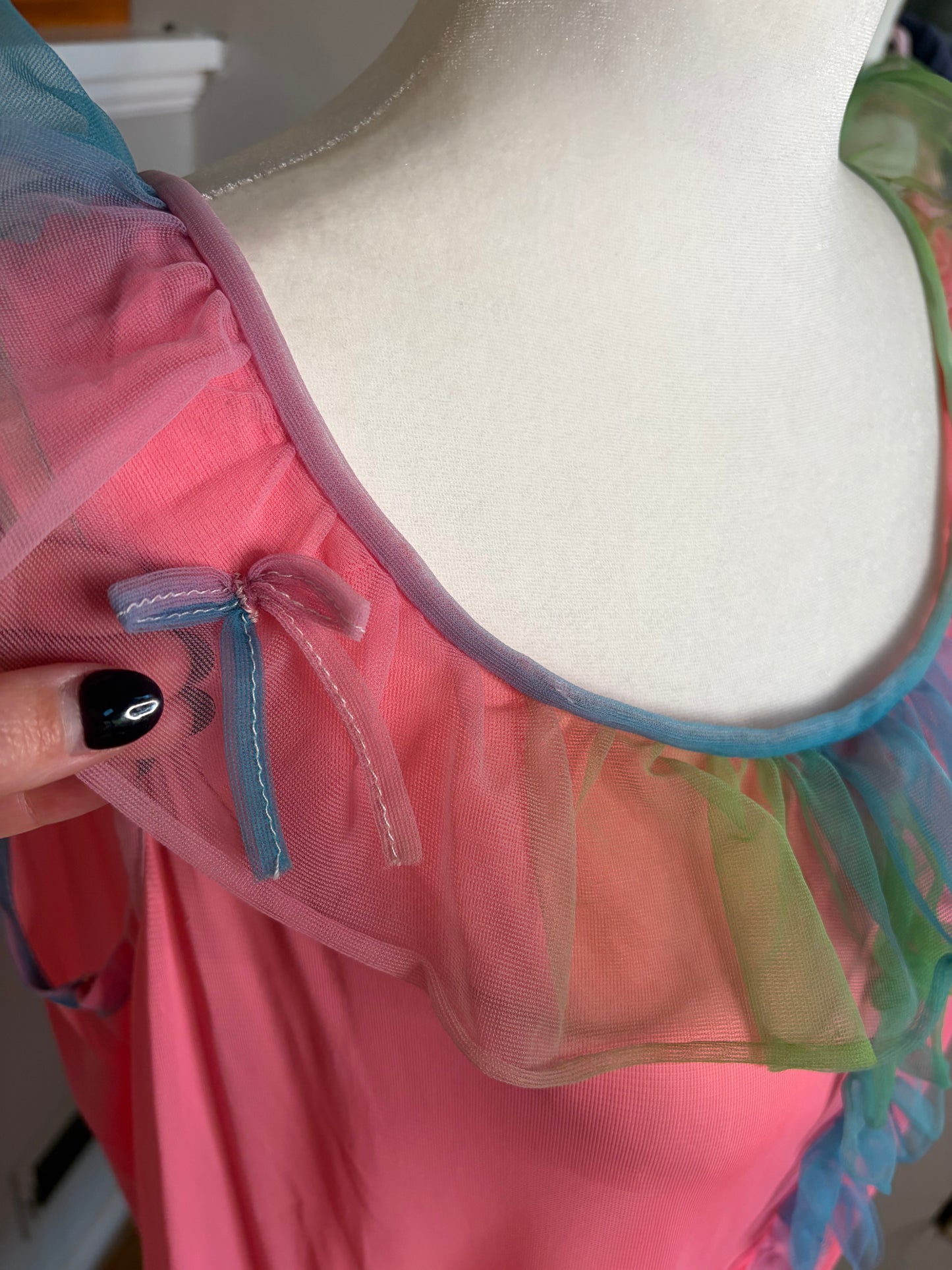 1960s Pink Nightgown with Blue/Green/Pink Ombré Ruffle Trim