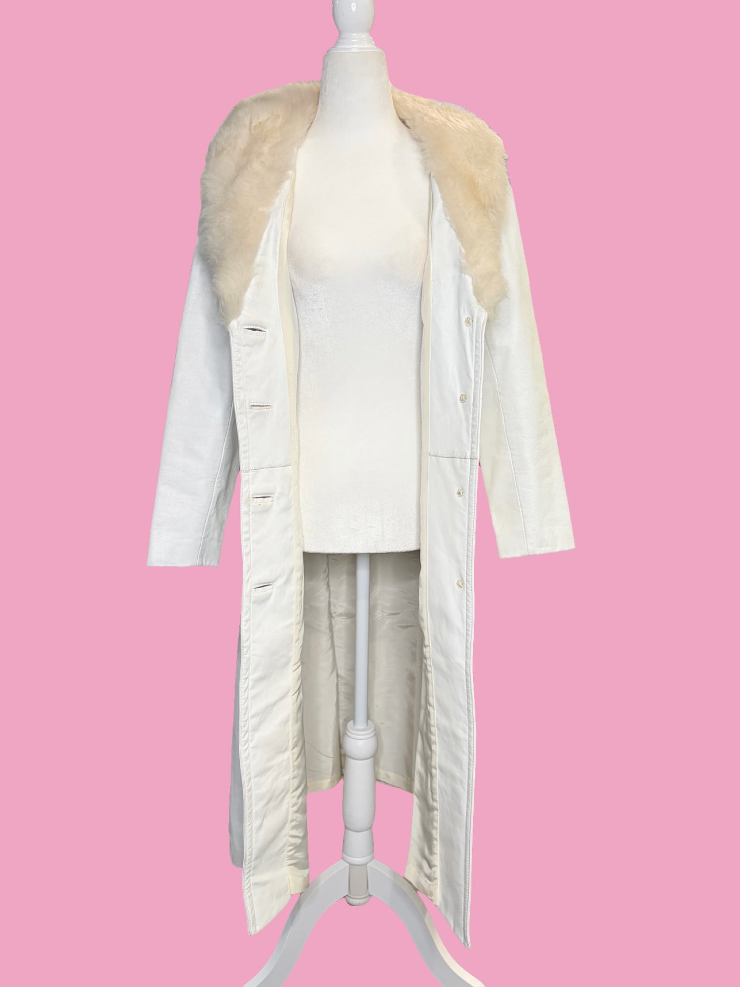 1970s White Leather Trench w/ Faux Fur Collar