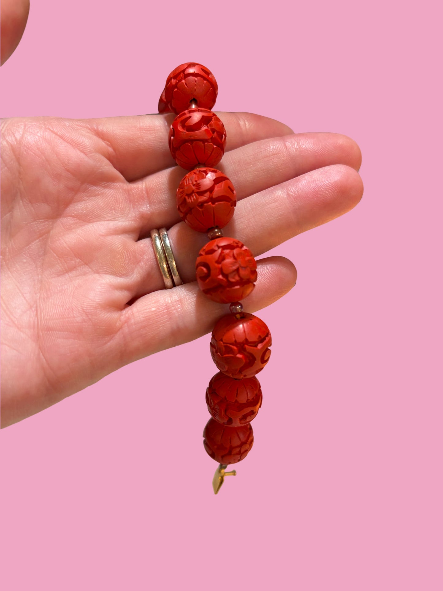 Vintage Chinese Carved Cinnabar Bead Bracelet with Gold Tone Filigree Box Clasp