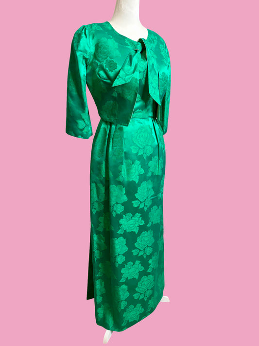 1950s Emerald Floral Brocade Party Dress with Matching Jacket