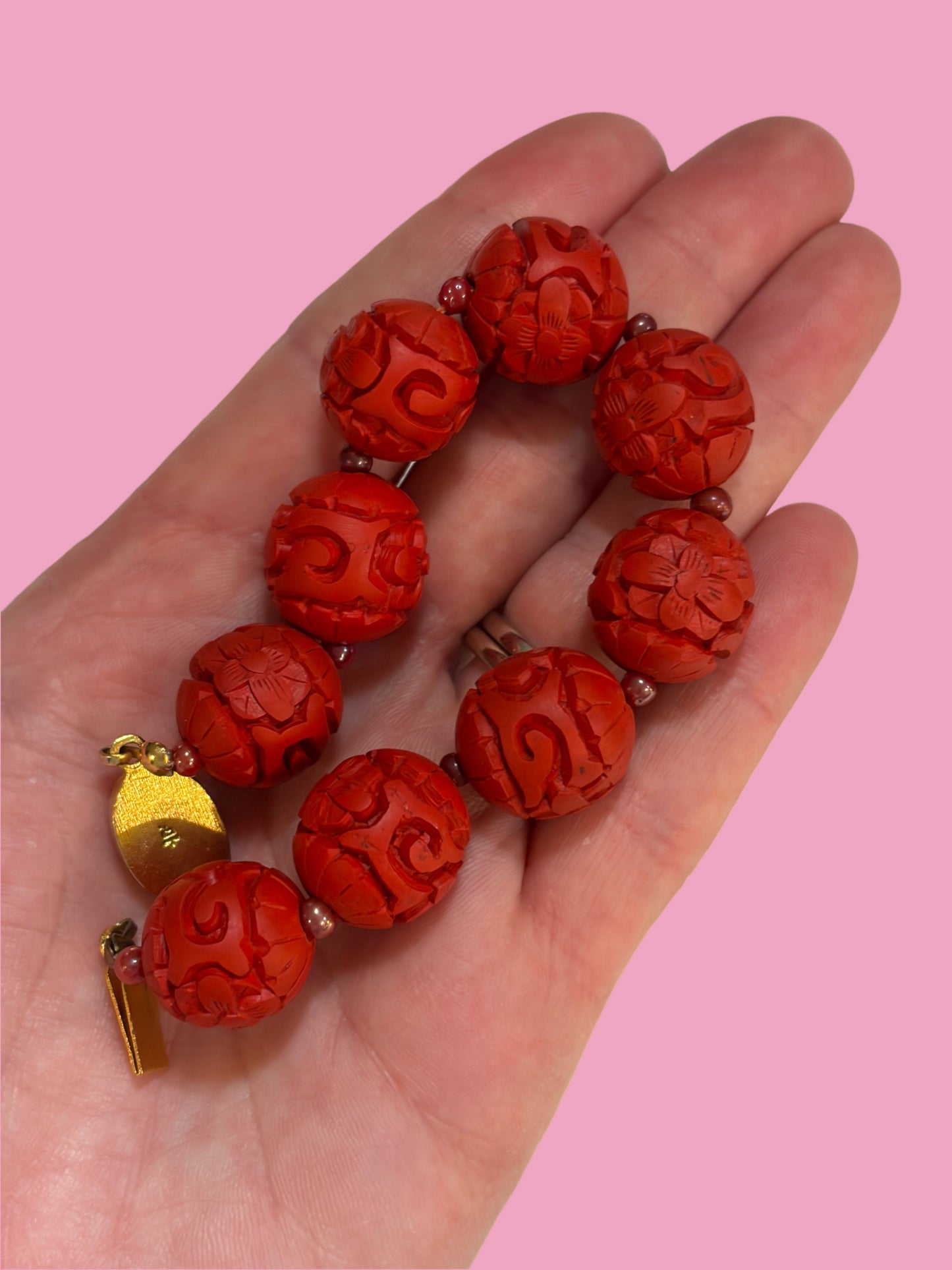 Vintage Chinese Carved Cinnabar Bead Bracelet with Gold Tone Filigree Box Clasp