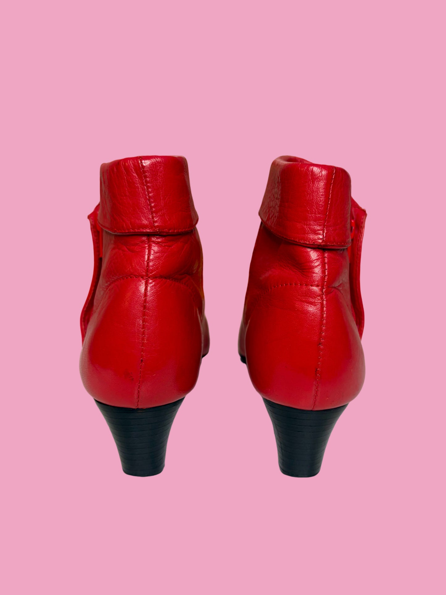 1980s Cherry Red Leather Cuffed Ankle Booties