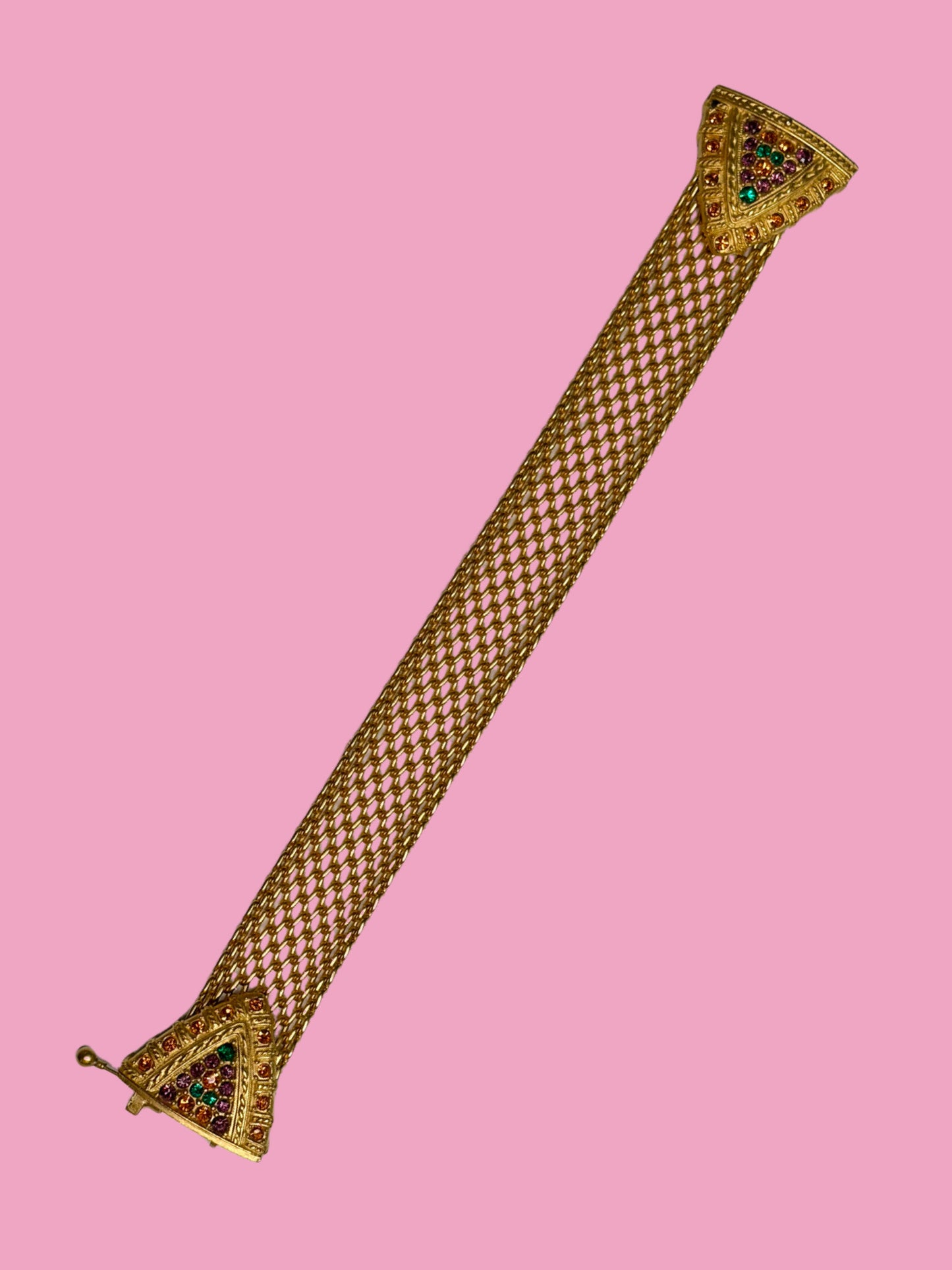 1980s Signed JBK USA Gold Tone Mesh Bracelet w/ Jeweled Clasp
