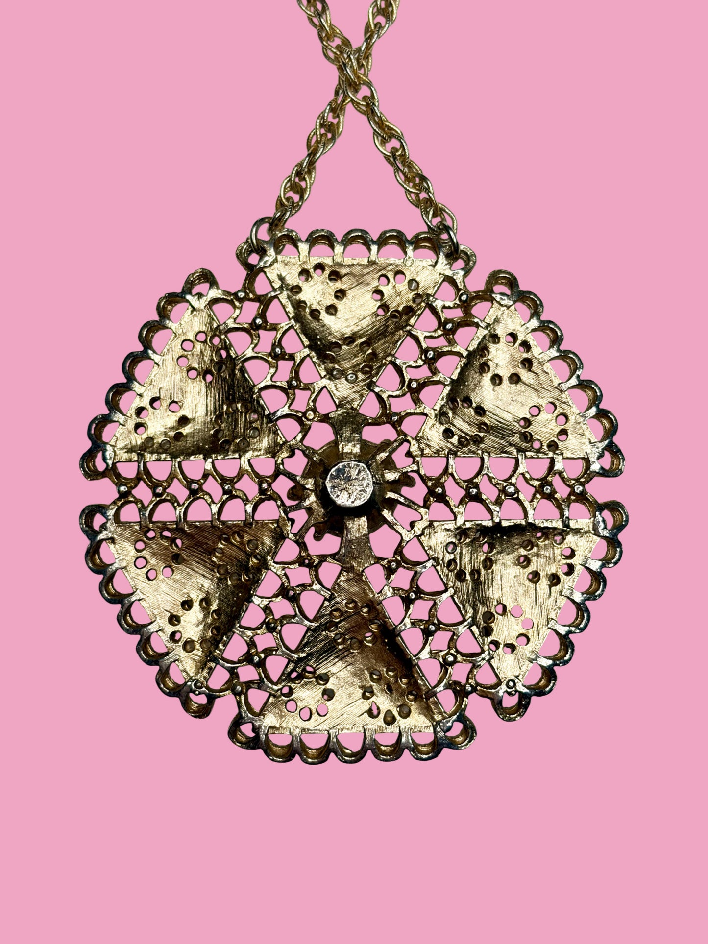 1960s Gold Tone Pendant Necklace w/ Colored Rhinestones, Blue Beads, & Faux Center Pearl