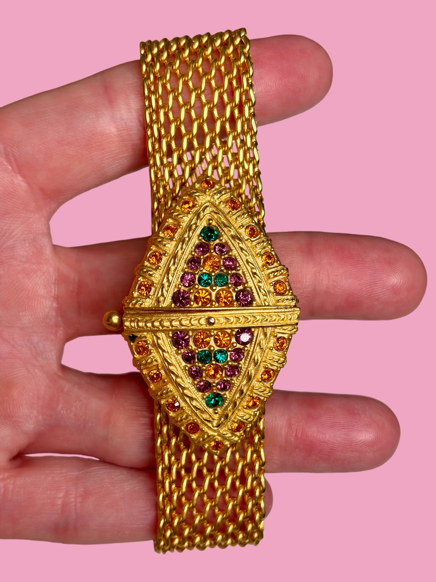 1980s Signed JBK USA Gold Tone Mesh Bracelet w/ Jeweled Clasp
