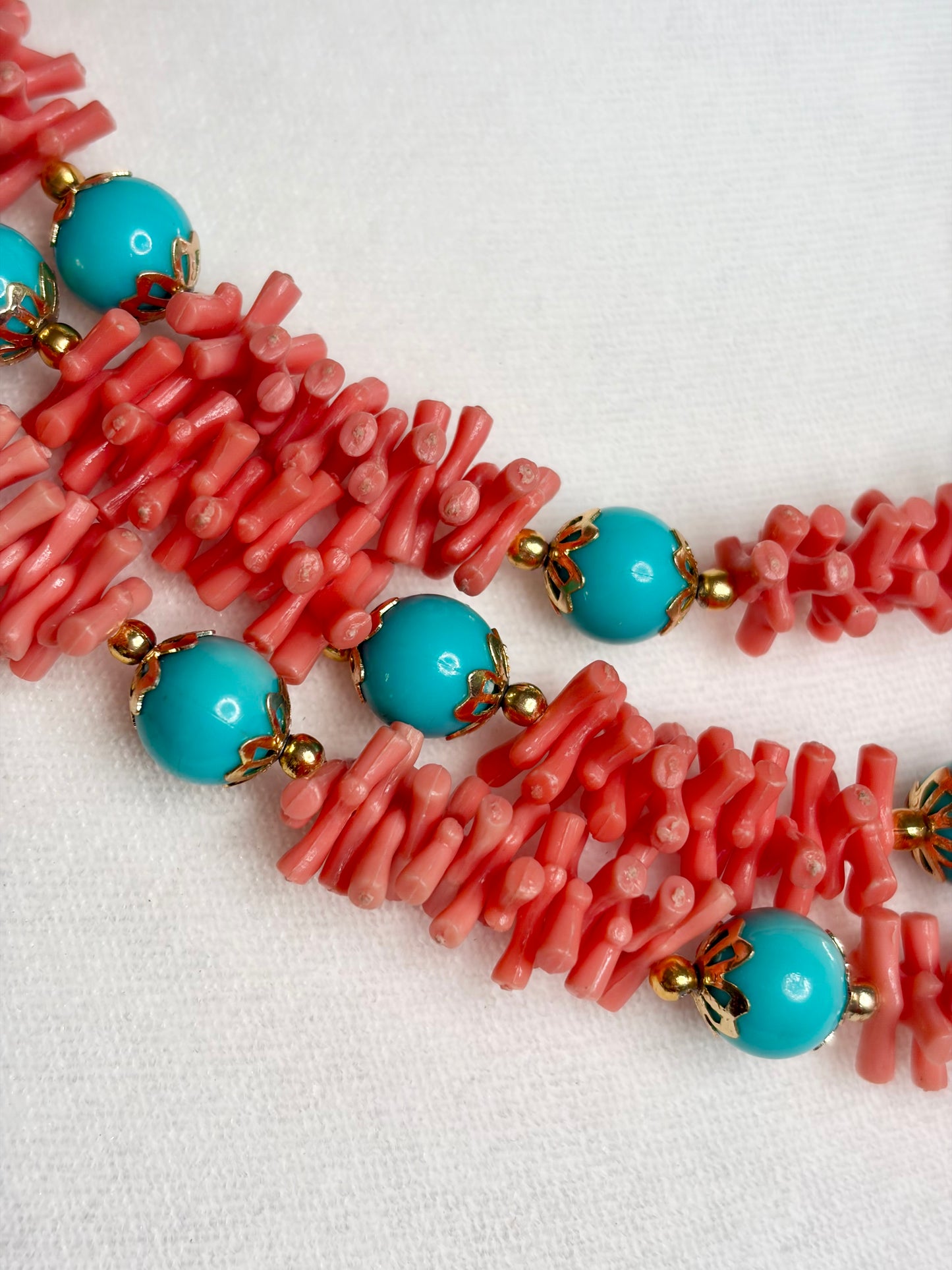 1950s Faux Coral/Turquoise Bead Three Strand Necklace