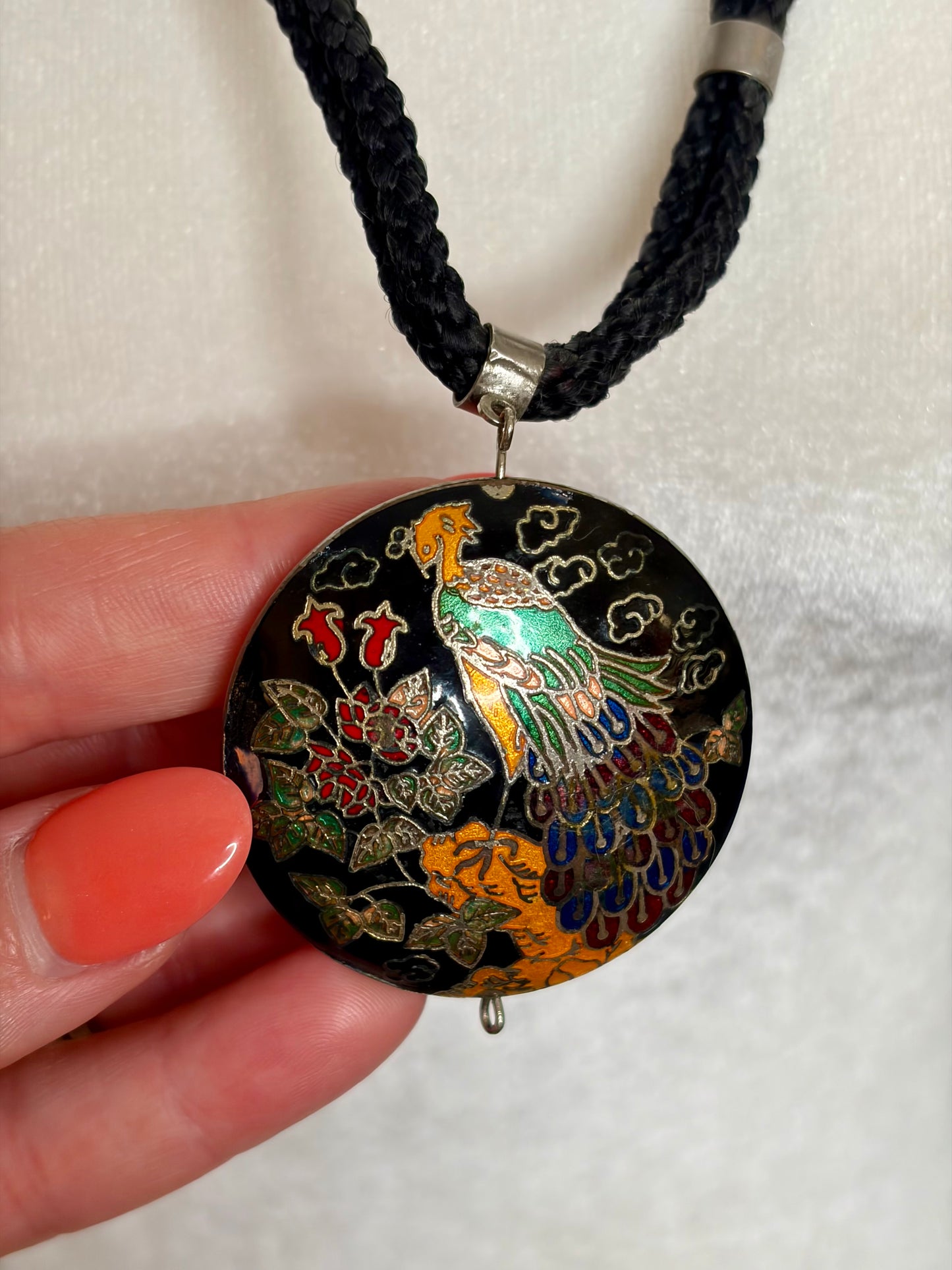 1970s Cloisonné Peacock Pendant Necklace