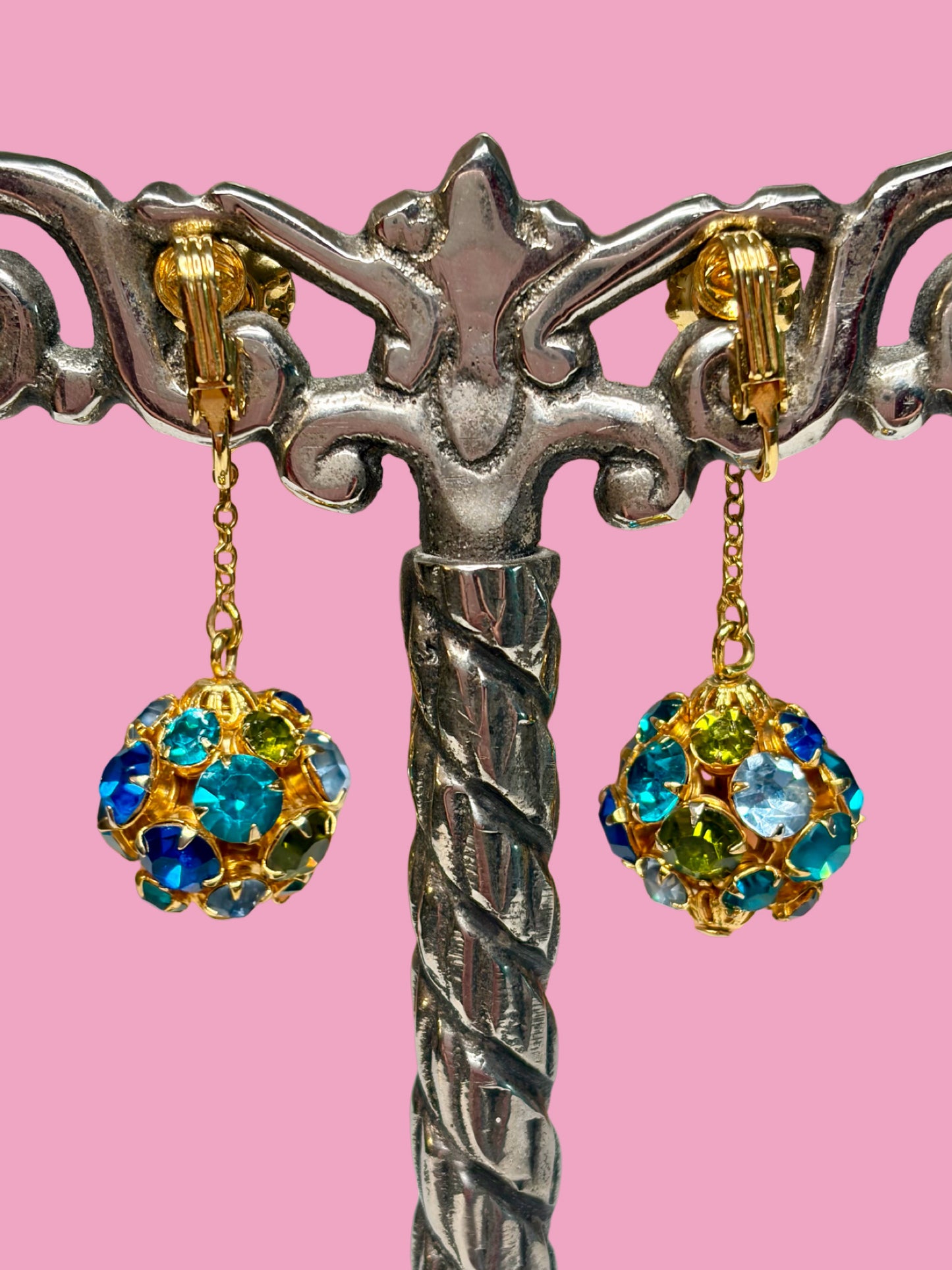 1960s Dazzling Blue/Green Rhinestone Dangle Gold Tone Clip Earrings