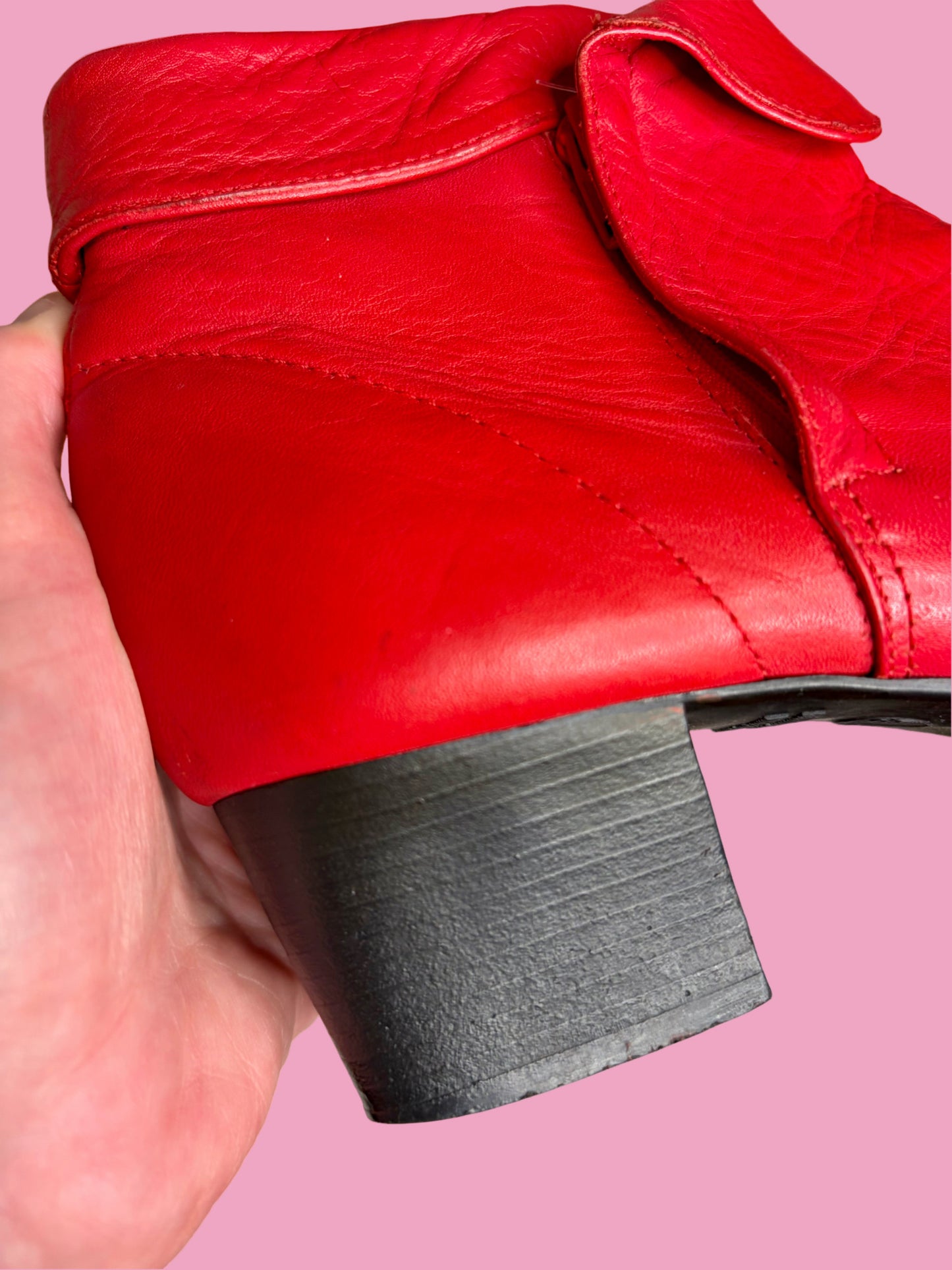1980s Cherry Red Leather Cuffed Ankle Booties