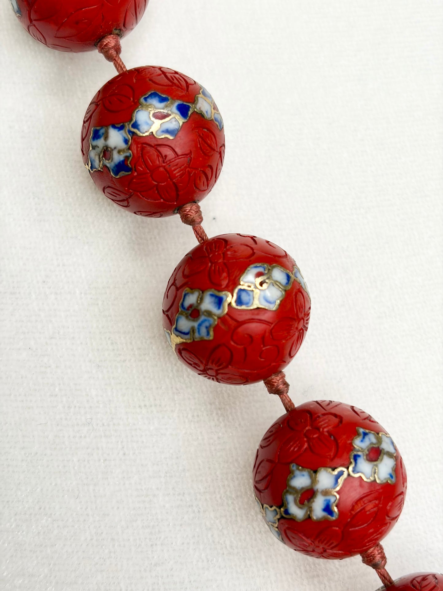 RARE 1940s Art Deco Chinese Carved Cinnabar Beaded Cloisonné Necklace w/ Hand Painted Flowers