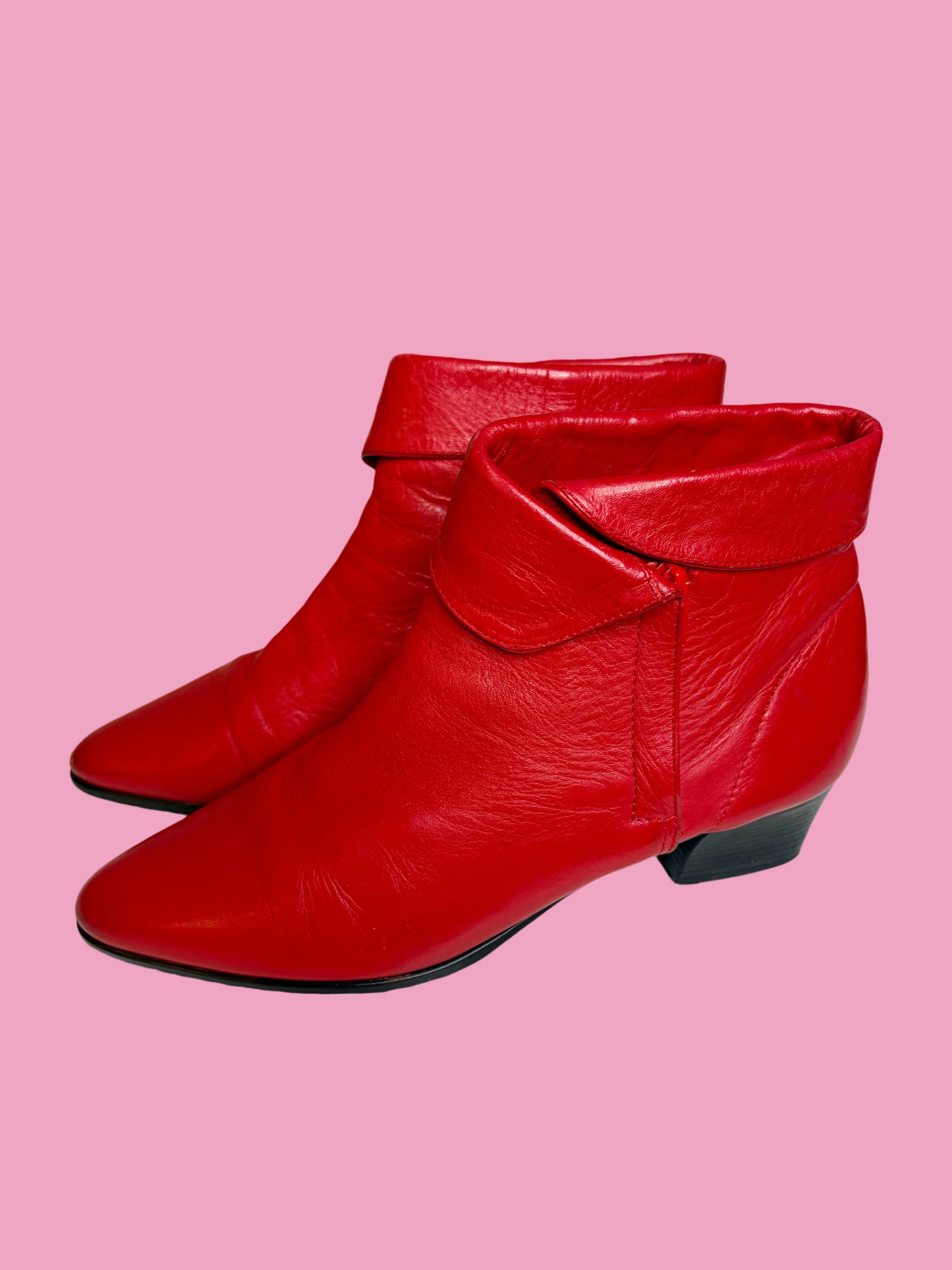 1980s Cherry Red Leather Cuffed Ankle Booties