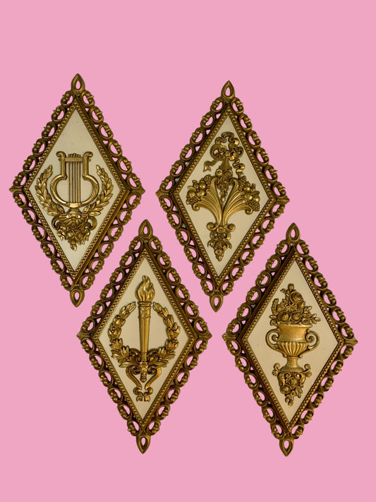 Set 4 Vintage Homco Diamond Gold MCM Hollywood Regency Wall Plaques Decor USA
