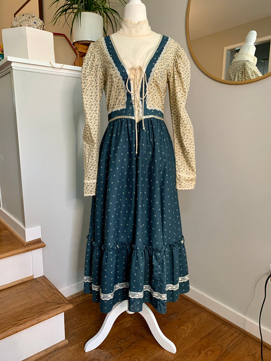 1970s Gunne Sax Blue Prairie Dress