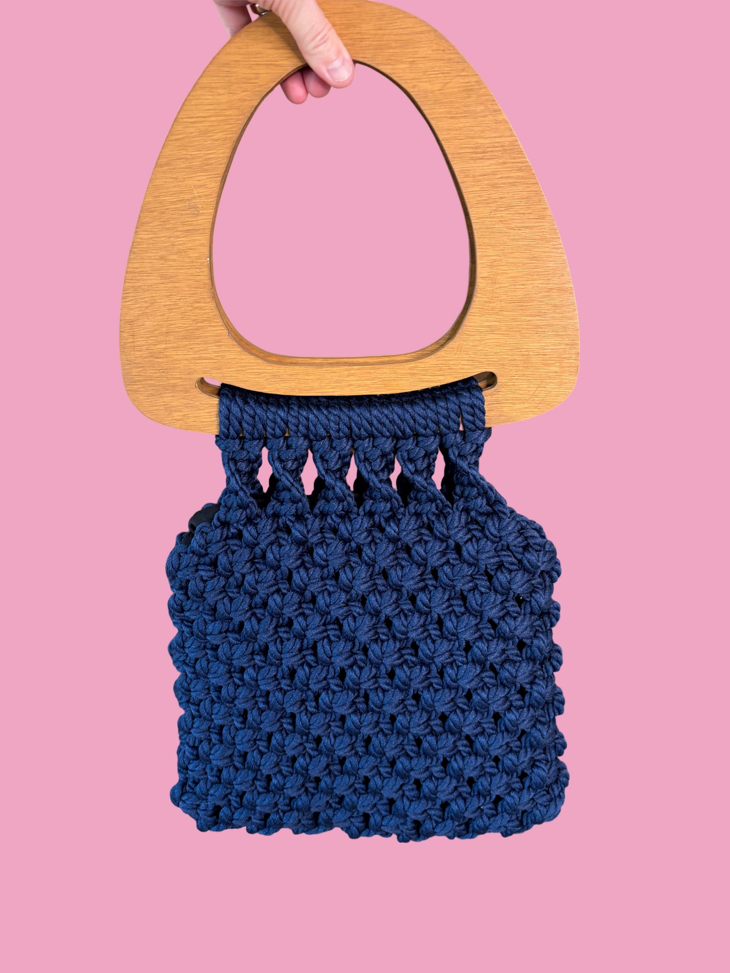 1970s Navy Blue Macrame Handbag w/ Wooden Handles