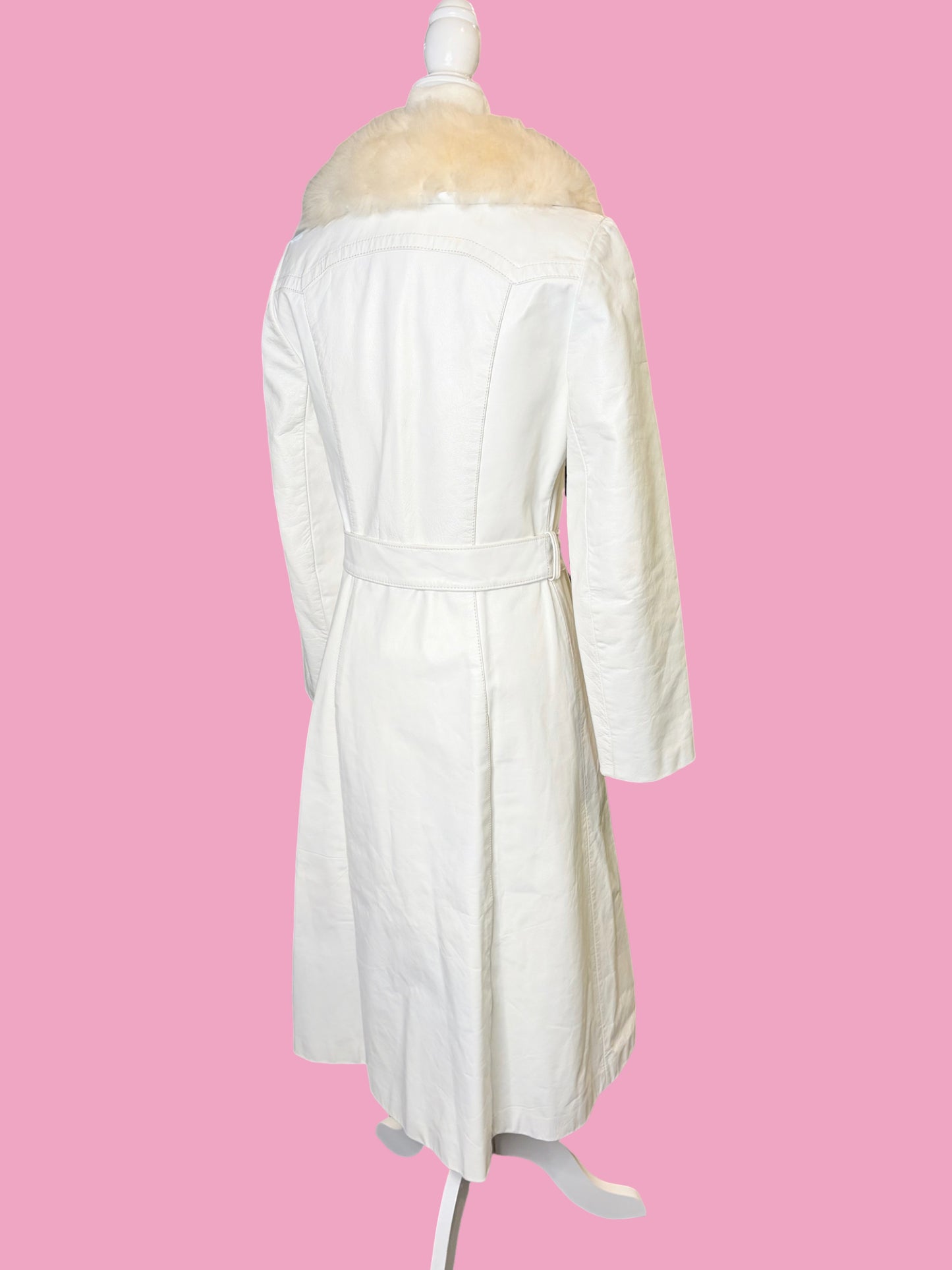 1970s White Leather Trench w/ Faux Fur Collar