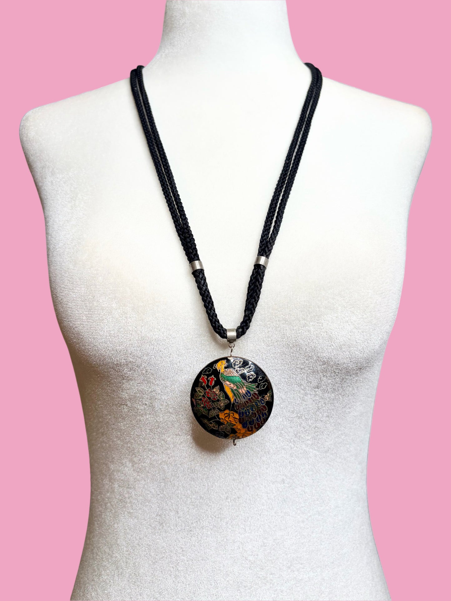 1970s Cloisonné Peacock Pendant Necklace