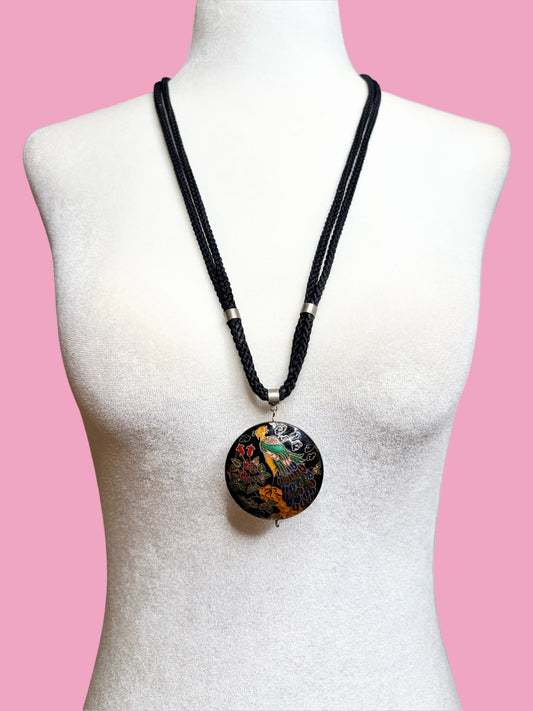 1970s Cloisonné Peacock Pendant Necklace