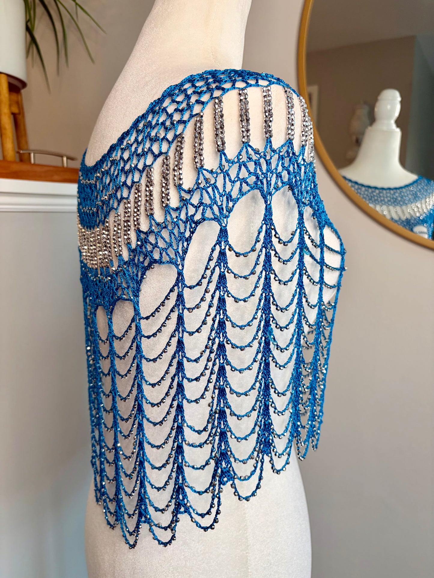 Vintage Blue Crochet Party Shawl w/ Shiny Silver Beads