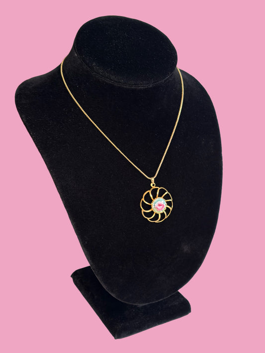 1970s Cottagecore Pink Rose Painted Enamel Pendant Necklace