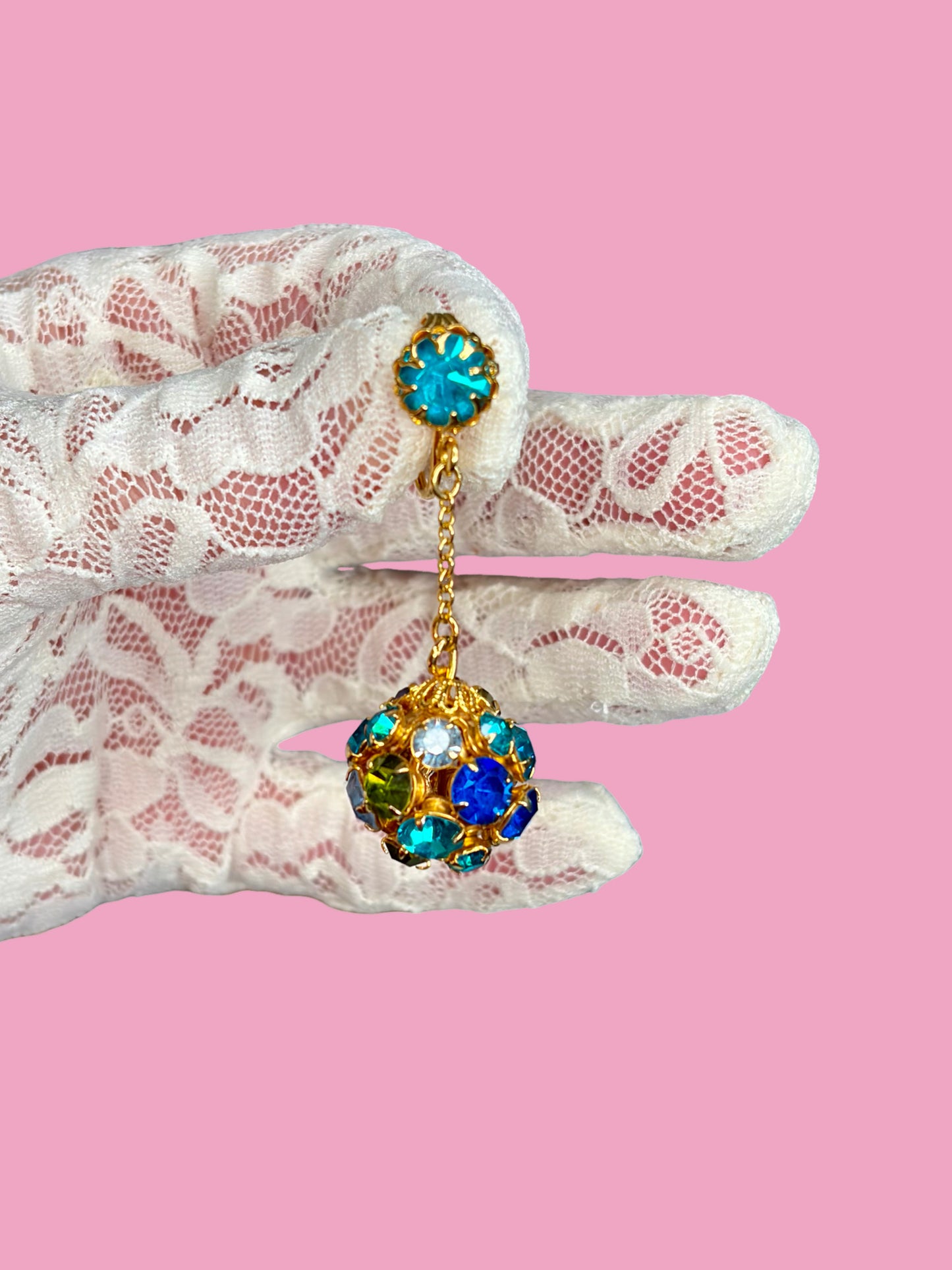 1960s Dazzling Blue/Green Rhinestone Dangle Gold Tone Clip Earrings