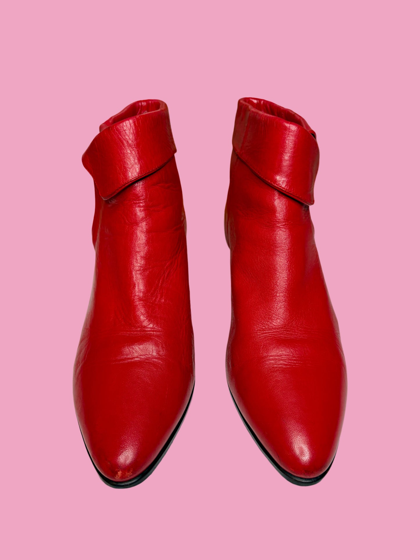 1980s Cherry Red Leather Cuffed Ankle Booties