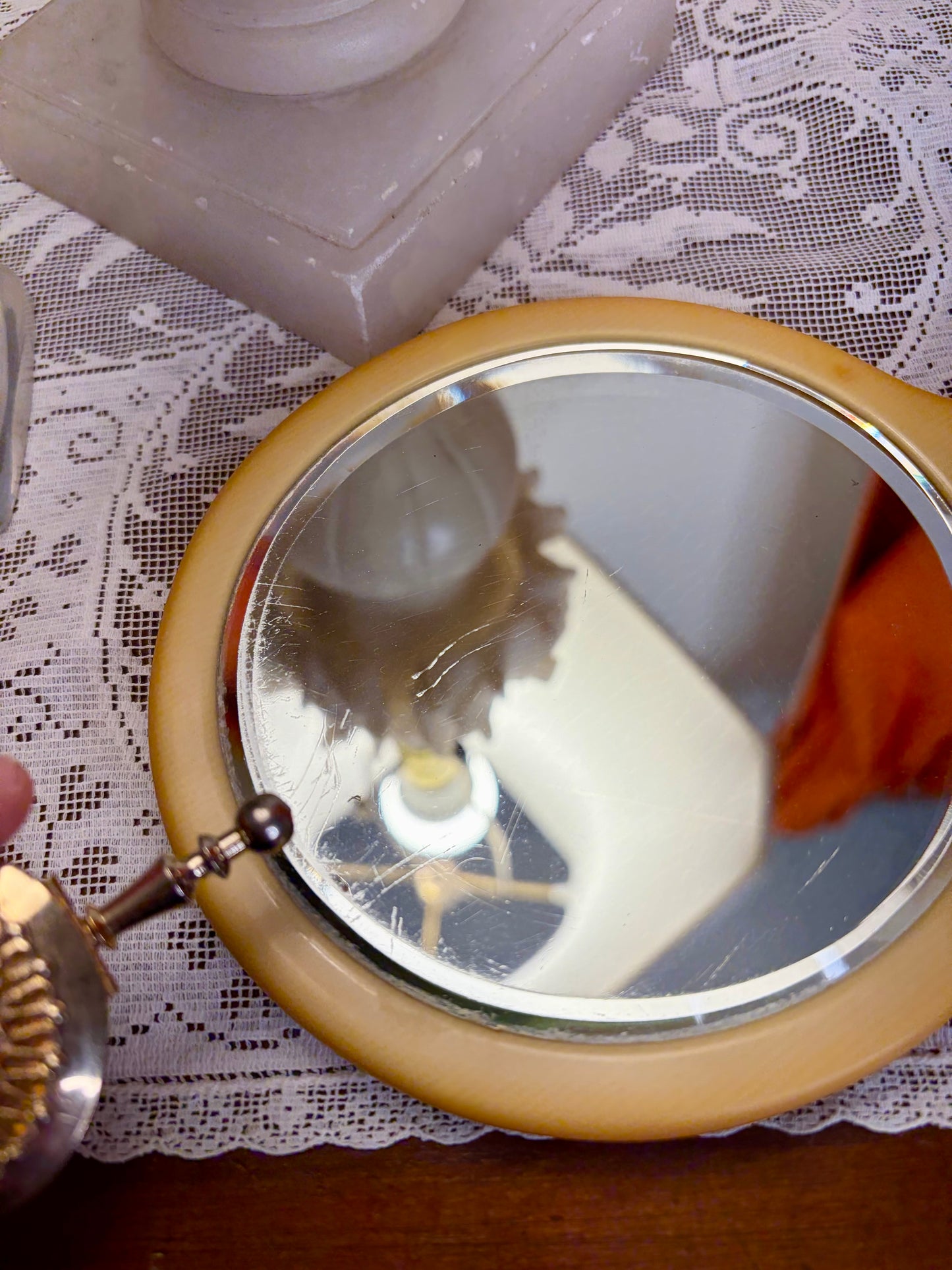 Antique Art Deco Butterscotch Bakelite/Celluloid Handheld Vanity Mirror