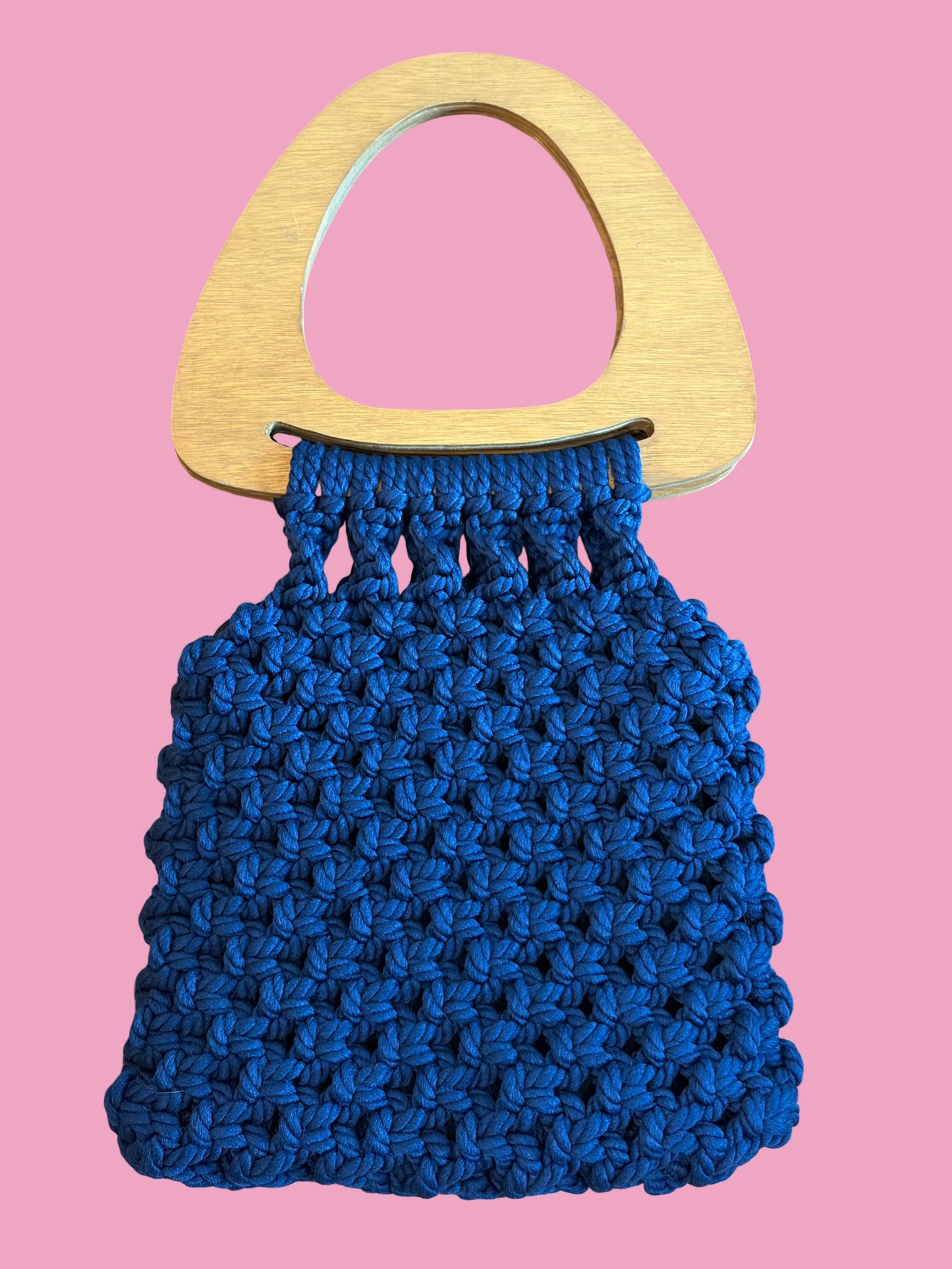 1970s Navy Blue Macrame Handbag w/ Wooden Handles