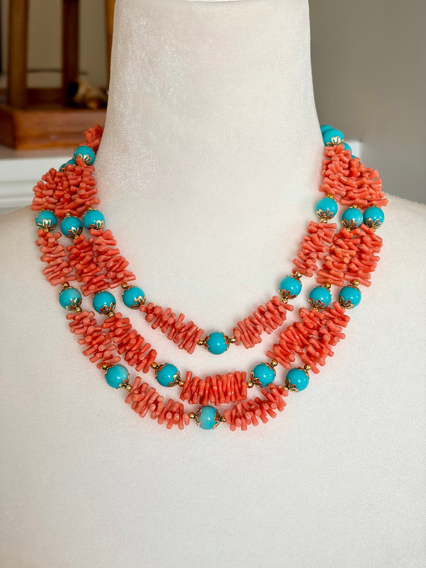 1950s Faux Coral/Turquoise Bead Three Strand Necklace