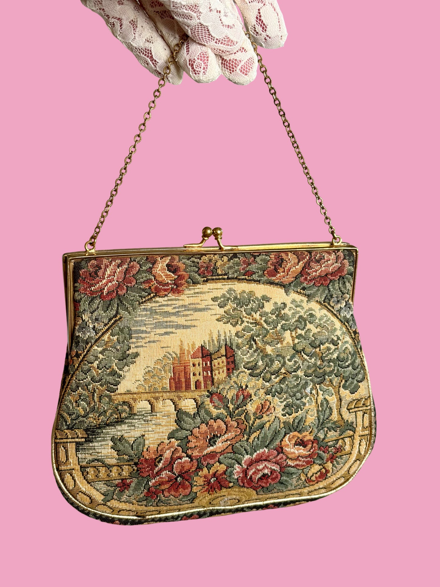 1930s Art deco Scenic Petit Point Tapestry Bag