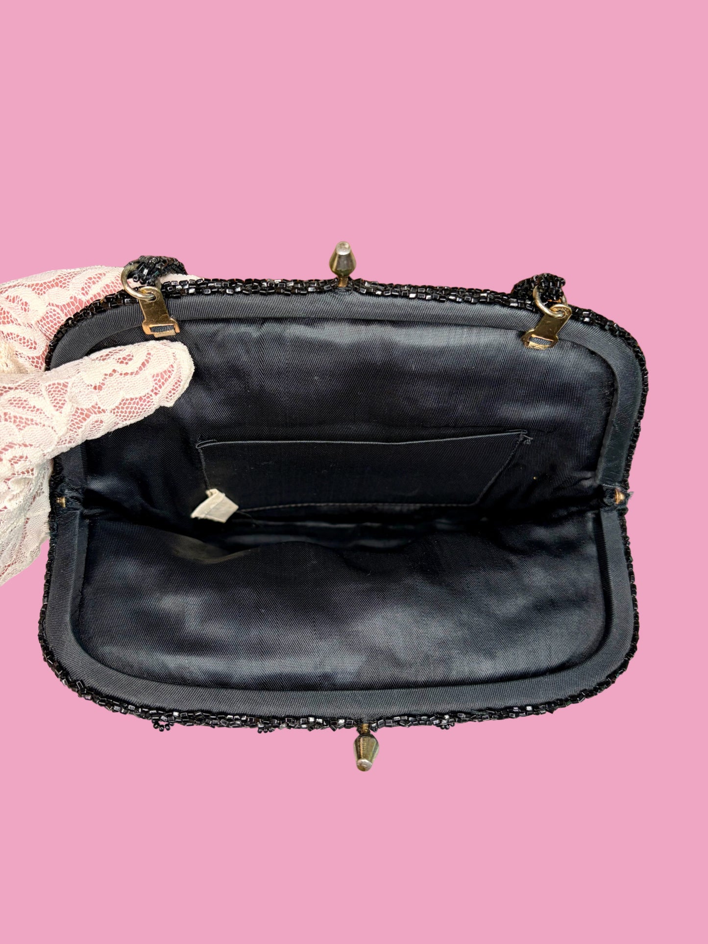 1950s Black Glass Beaded Clutch w/ Optional Strap