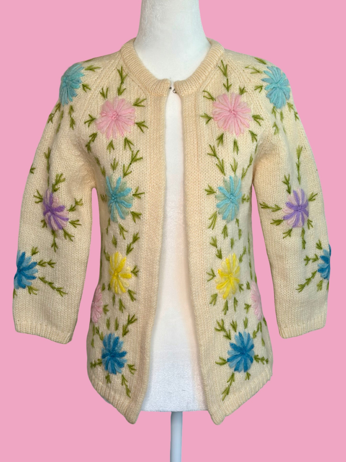 1960s Ivory Hand Embroidered Cardigan Sweater by Fully Fashioned