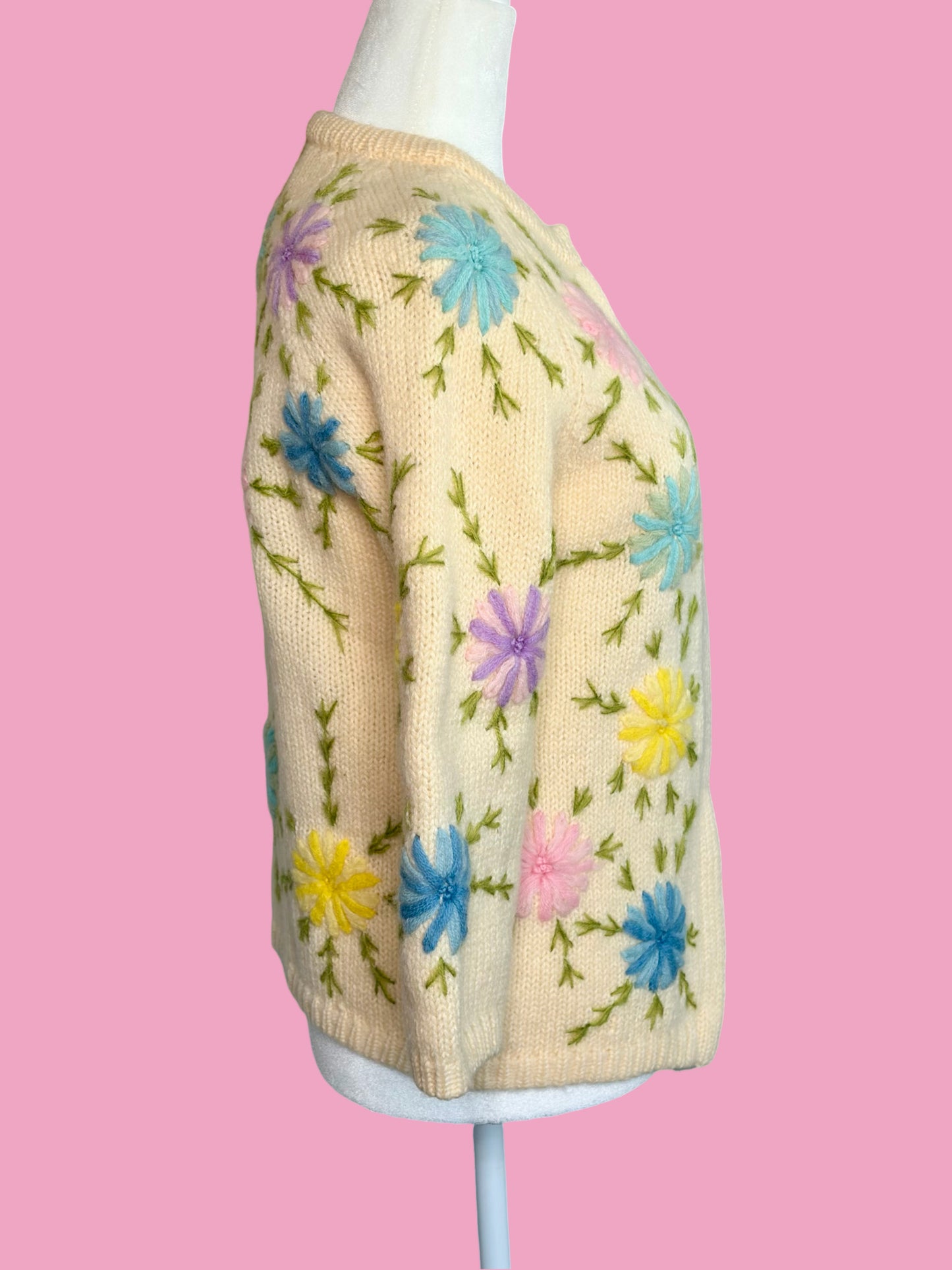 1960s Ivory Hand Embroidered Cardigan Sweater by Fully Fashioned