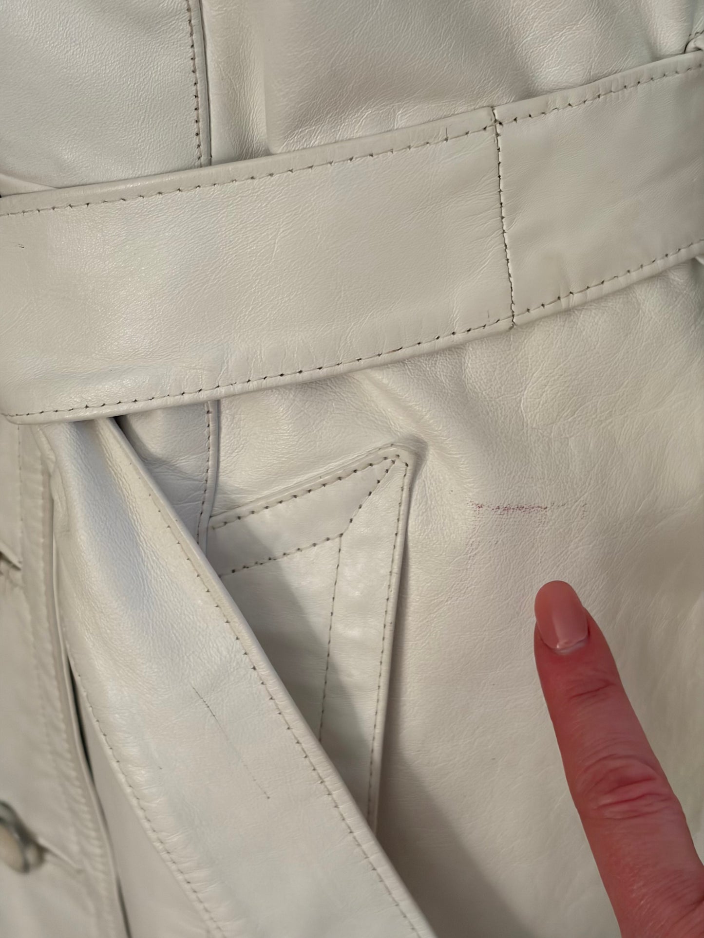 1970s White Leather Trench w/ Faux Fur Collar