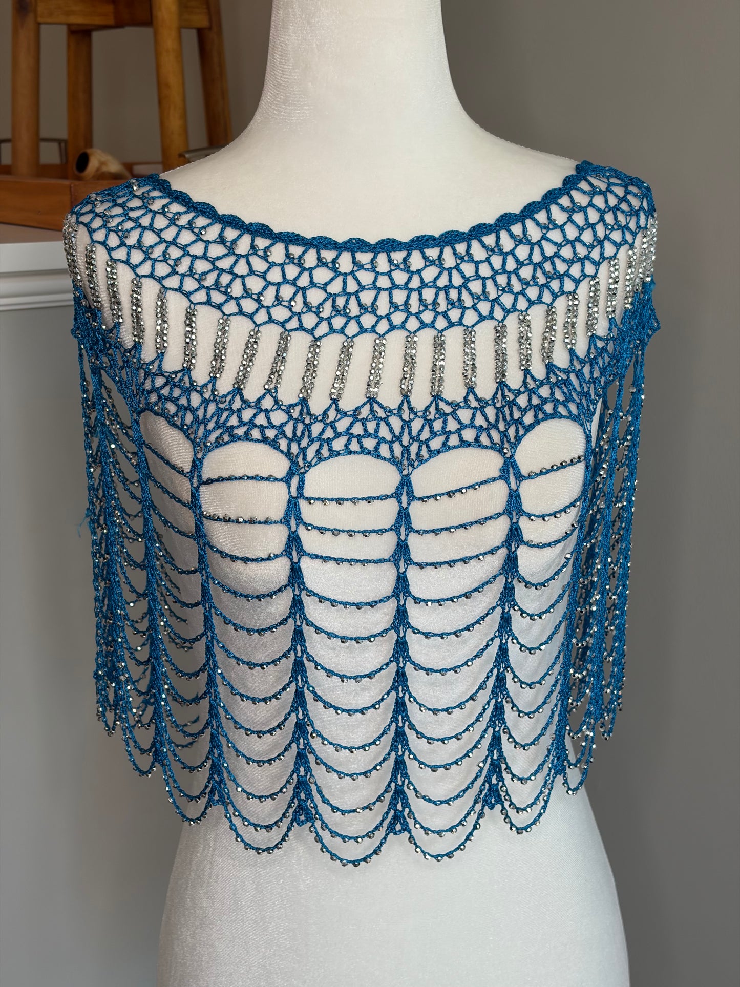 Vintage Blue Crochet Party Shawl w/ Shiny Silver Beads