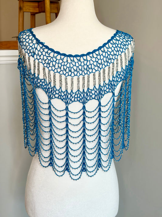 Vintage Blue Crochet Party Shawl w/ Shiny Silver Beads