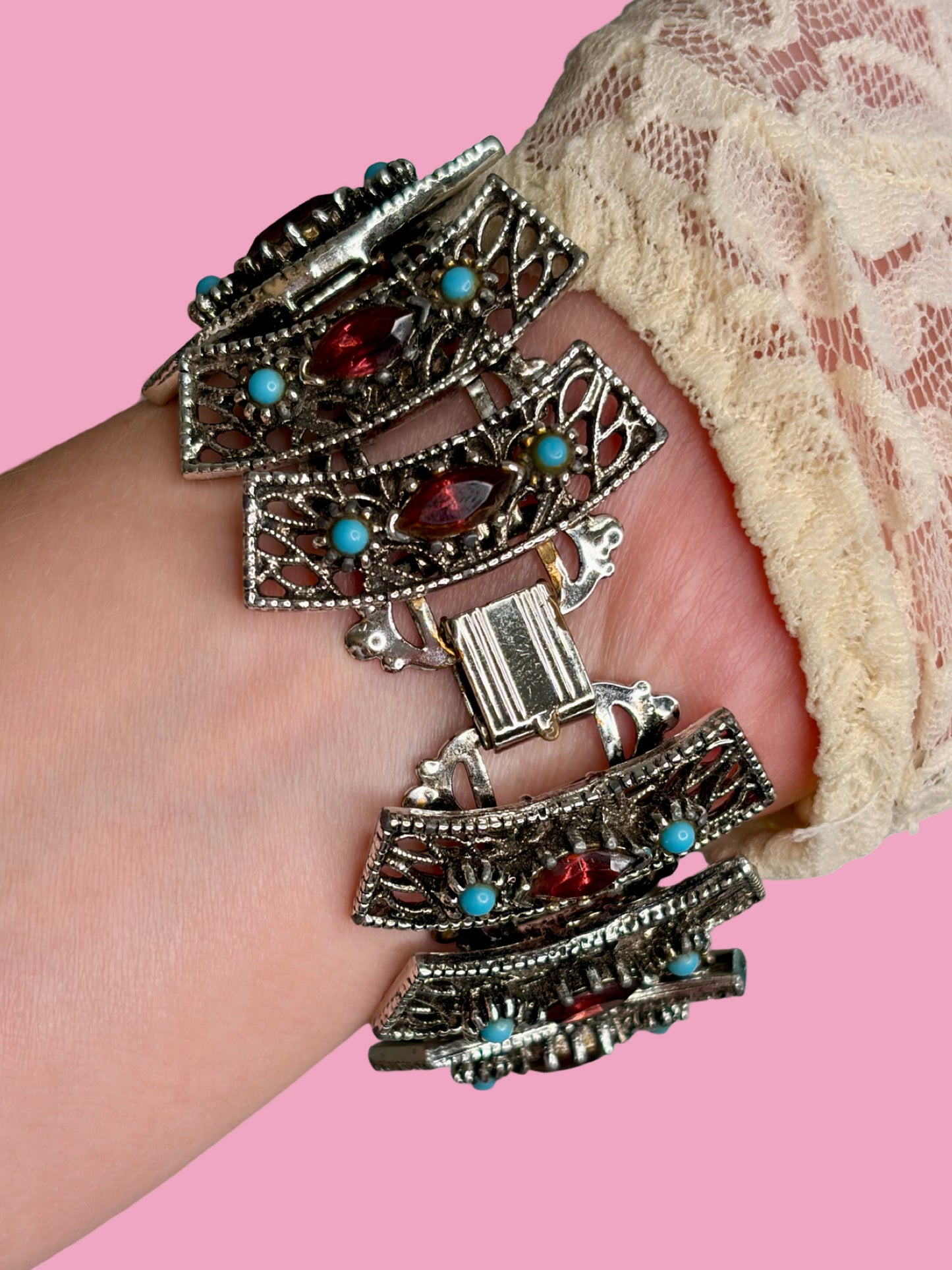 Dazzling 1960s Mid Century Chunky Silver Tone Panel Bracelet w/ Purple Rhinestones & Faux Turquoise