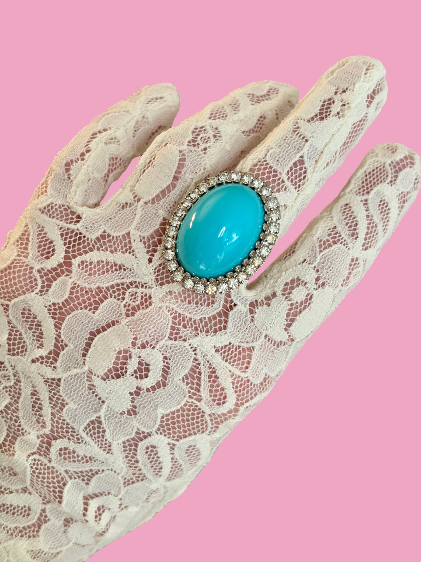 1960s Silver Tone Turquoise Plastic Oval Cabachon w/ Rhinestones Ring