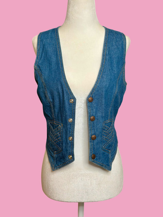 1970s Denim Vest with Braided Chevron Pockets