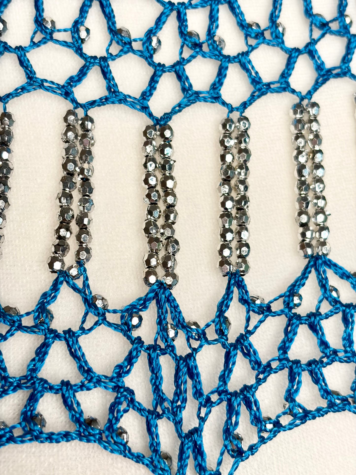 Vintage Blue Crochet Party Shawl w/ Shiny Silver Beads
