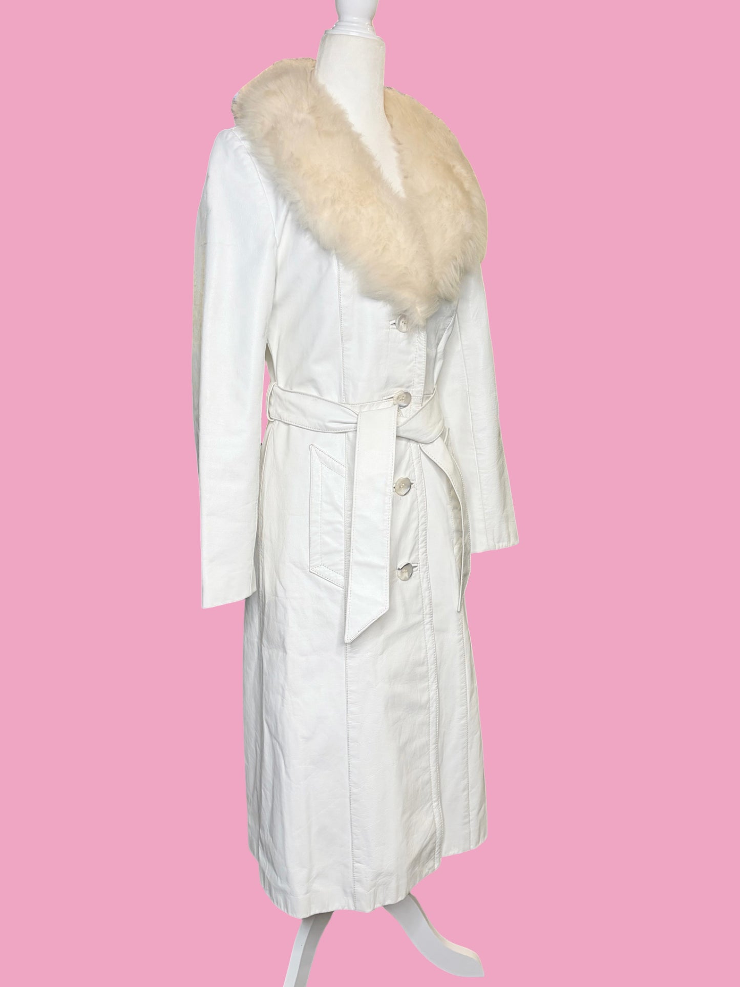 1970s White Leather Trench w/ Faux Fur Collar