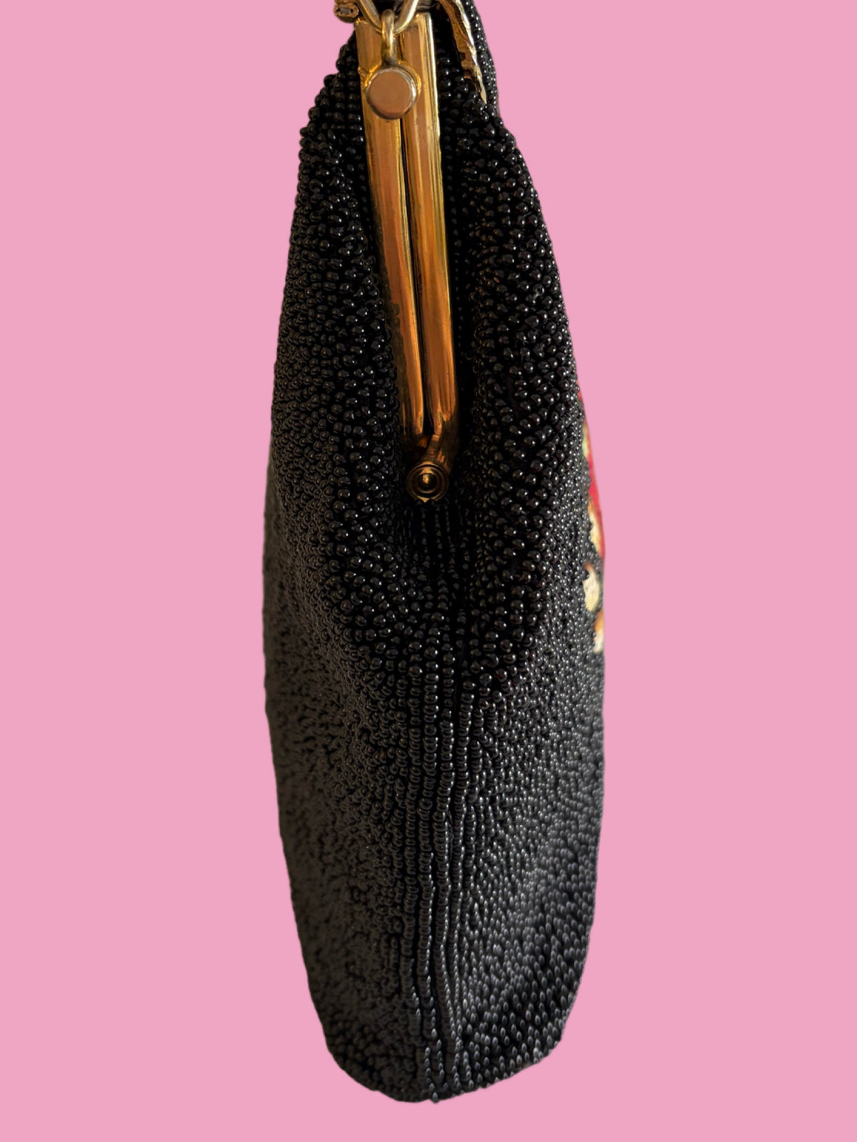 1950s Vintage Mid Century Black Seed Bead Rose Needlepoint Handbag